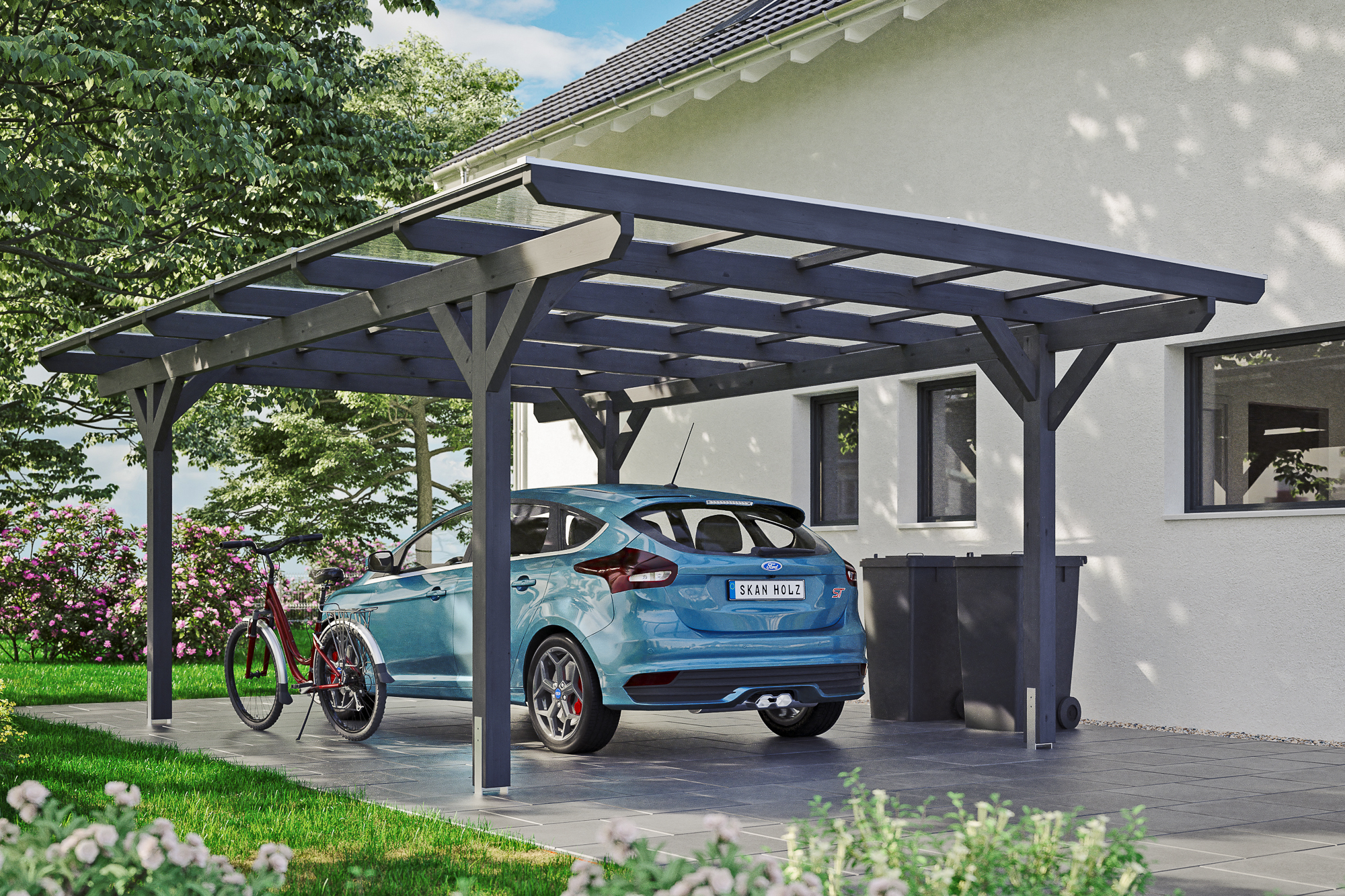 Ambientebild: Carport Odenwald 428 x 648 cm, farblich behandelt in schiefergrau