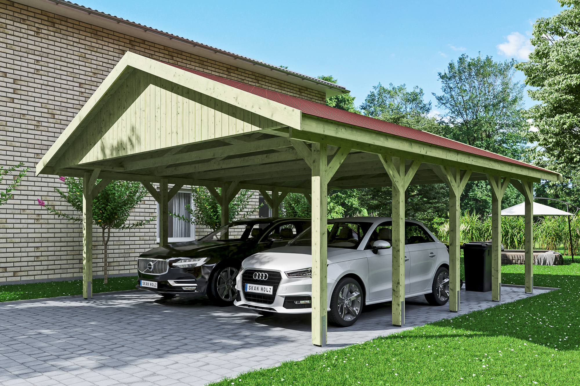 Ambientebild: Carport Wallgau 620 x 750 cm, mit roten Dachschindeln, grün imprägniert 