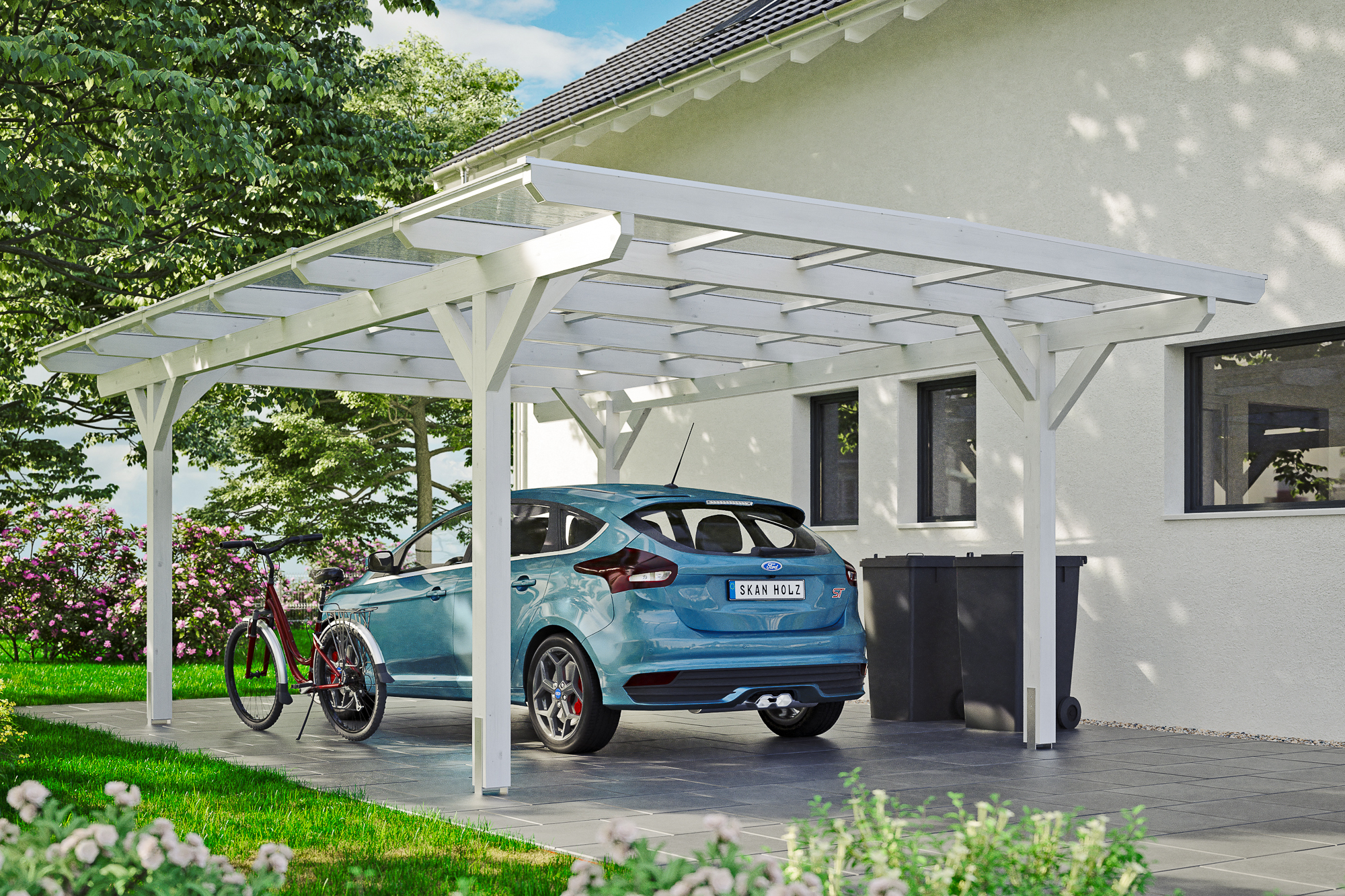 Ambientebild: Carport Odenwald 428 x 648 cm, farblich behandelt in weiß