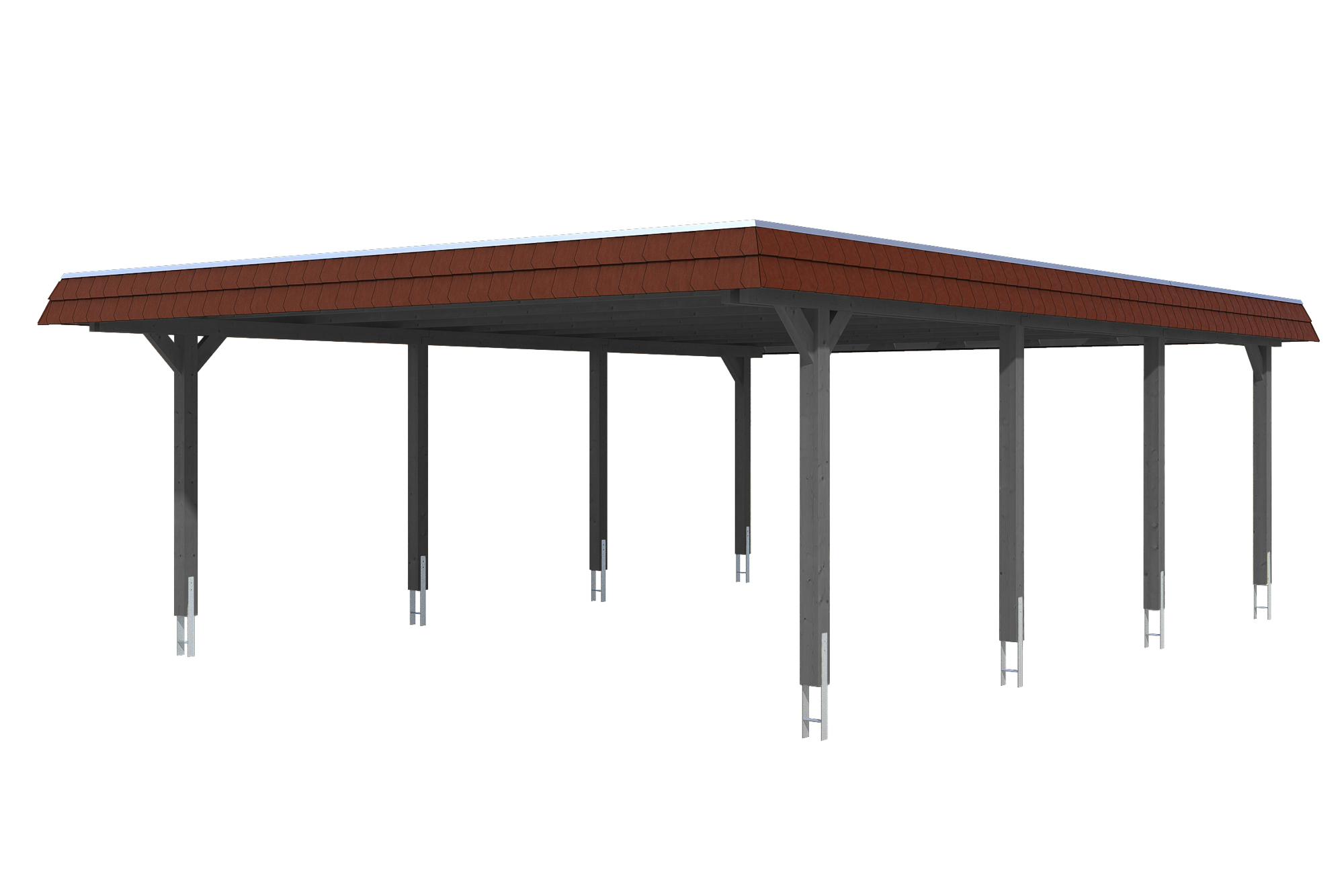 Carport Wendland 630 x 879 cm with EPDM roof, red fascia, colour pre-treated slate-grey