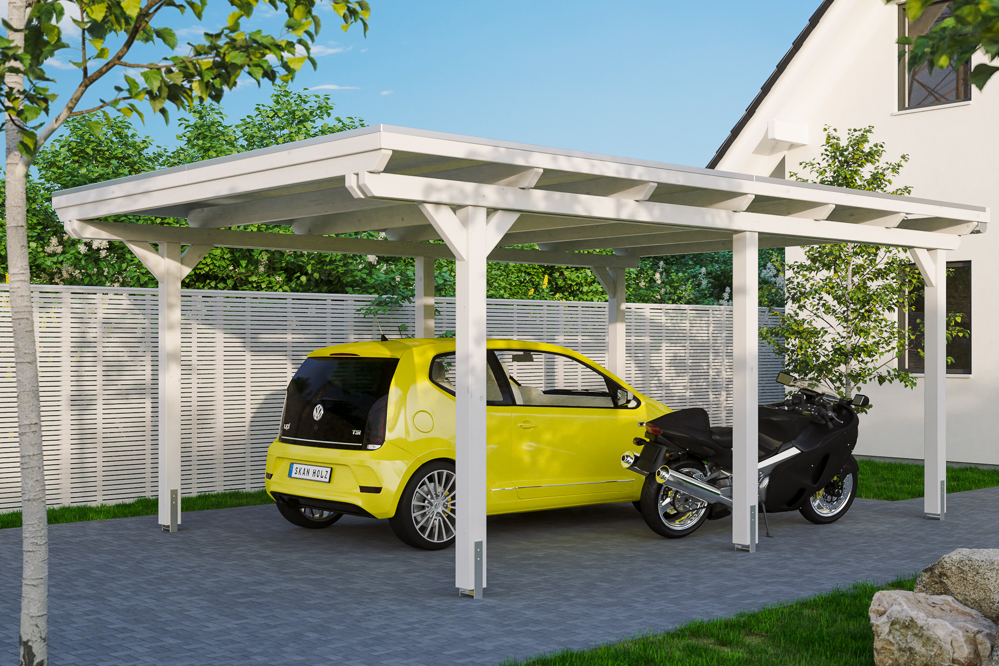 Ambientebild: Carport Emsland 404 x 604 cm, farblich behandelt in weiß