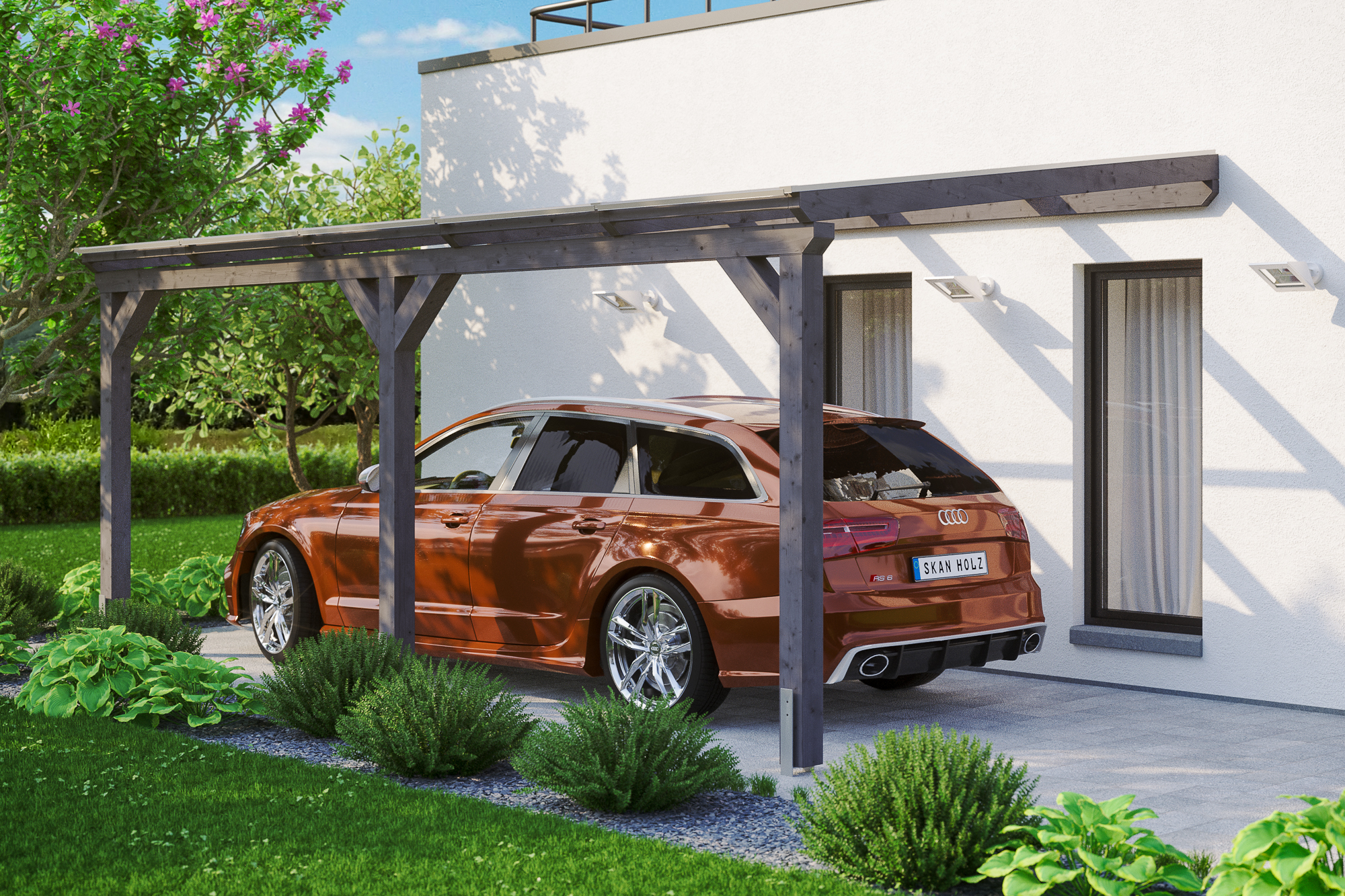 Ambientebild: Carport Vogtland 300 x 541 cm, farblich behandelt in schiefergrau