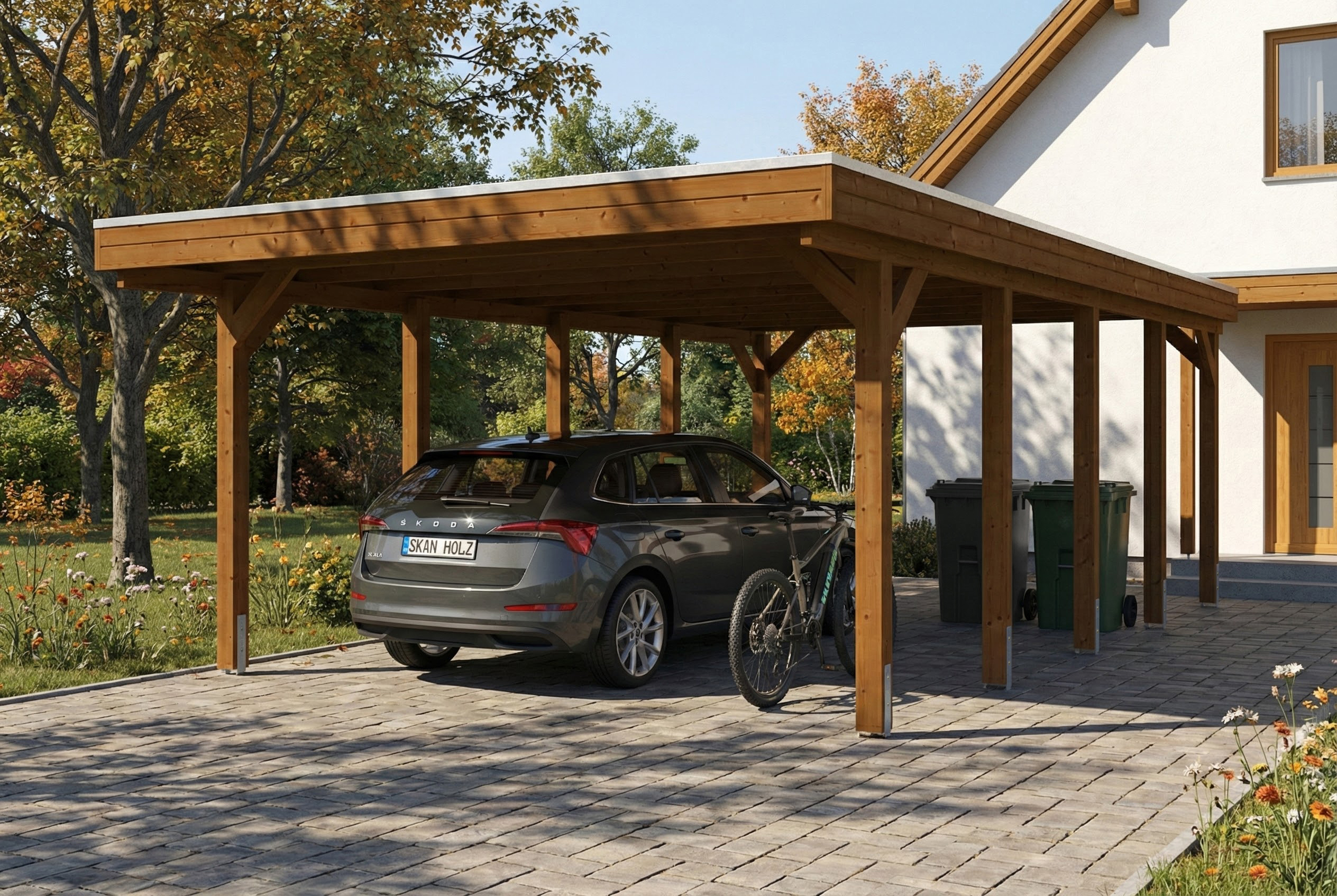 Carport Friesland 402 x 708 cm, avec panneaux de toit en acier, noyer