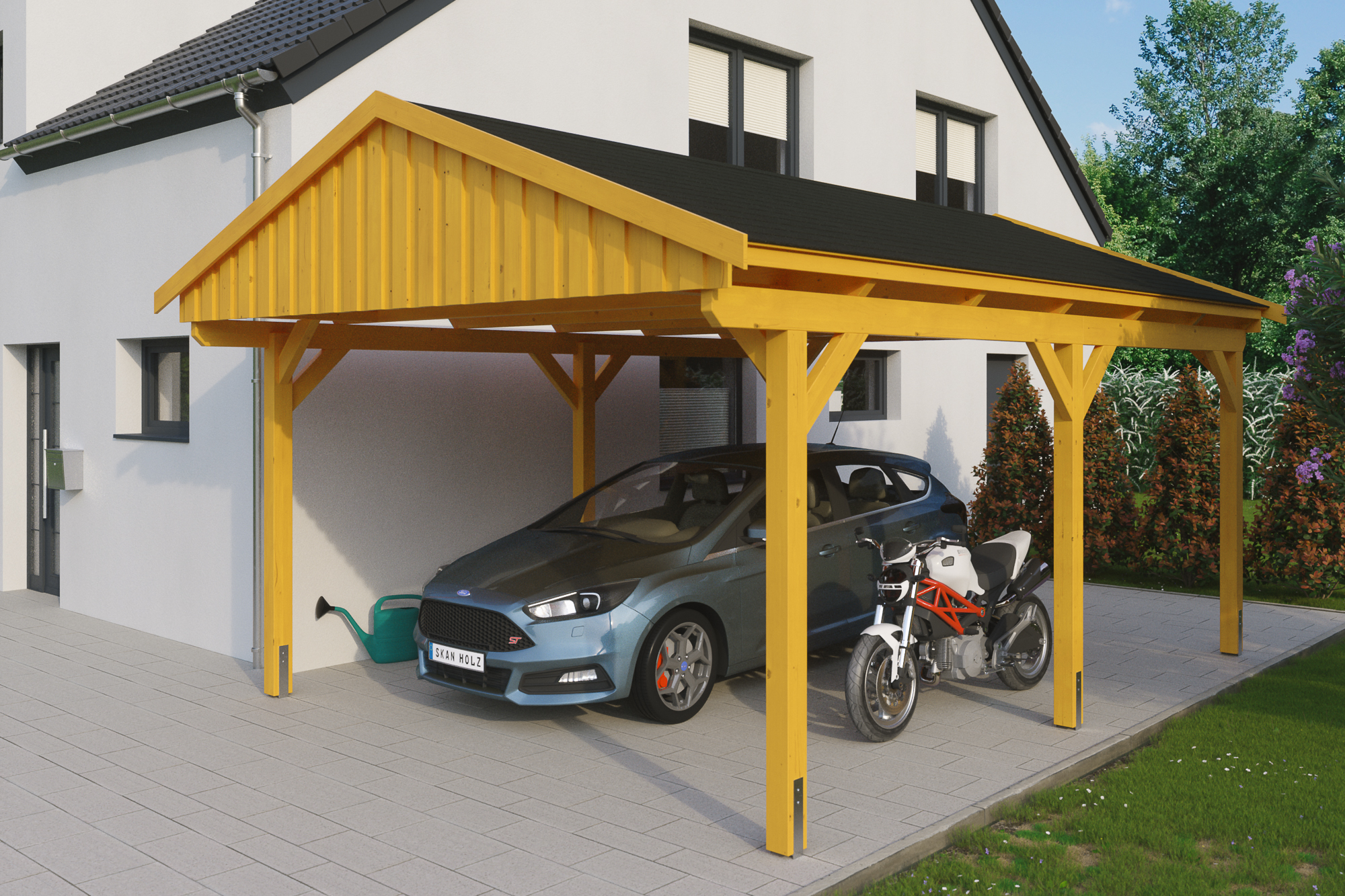 Ambientebild: Carport Fichtelberg 423 x 566 cm, farblich behandelt in eiche hell, mit schwarzen Dachschindeln