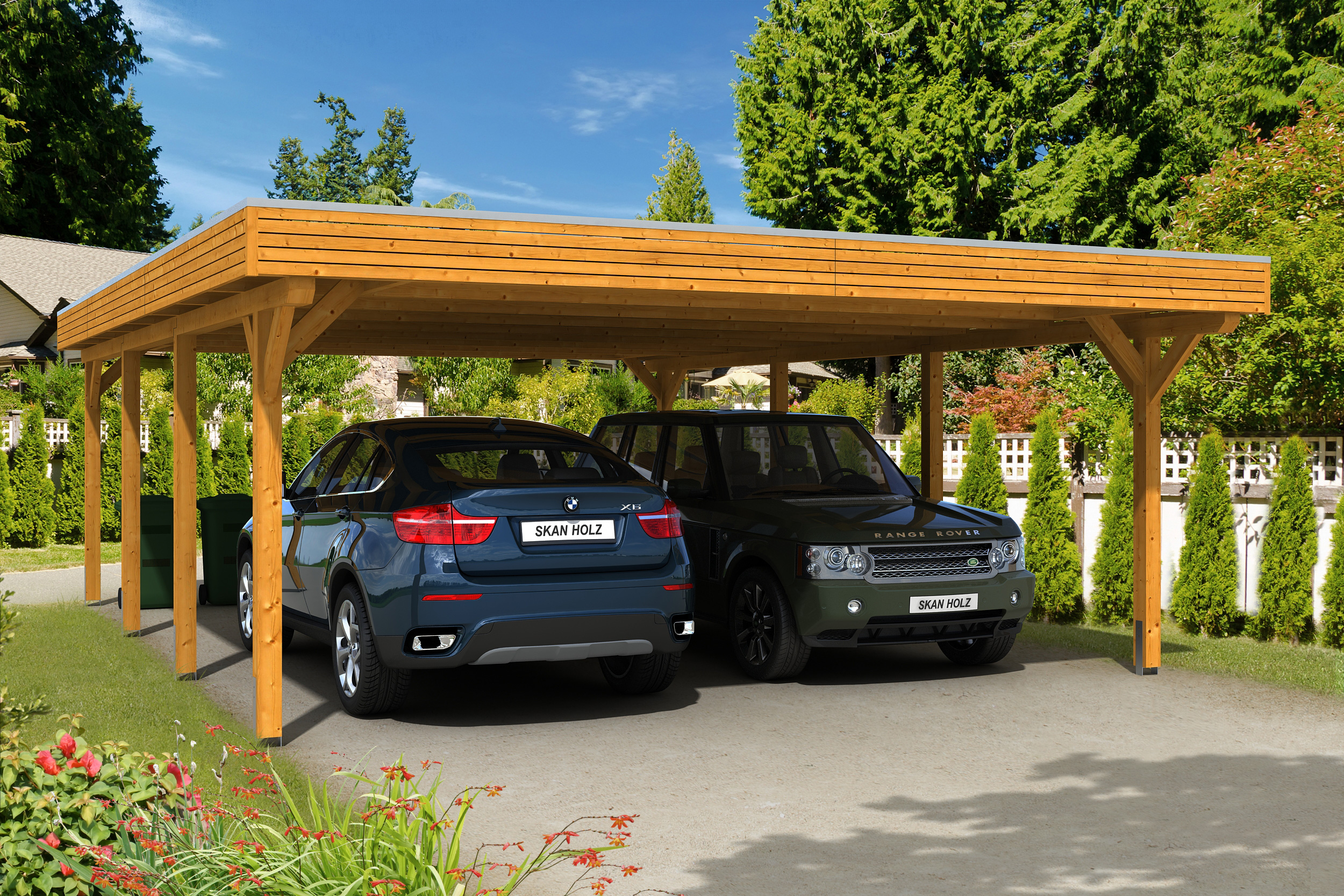 Carport Spessart 611 x 846 cm, gelakt in licht eiken, met Aluminium dakplaten
