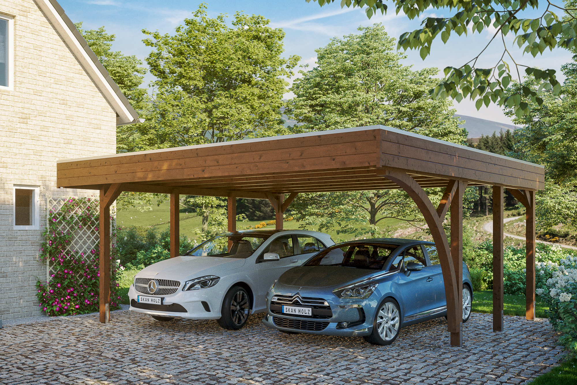 Ambientebild: Carport Friesland mit 1 Einfahrtsbogen, farblich behandelt in nussbaum