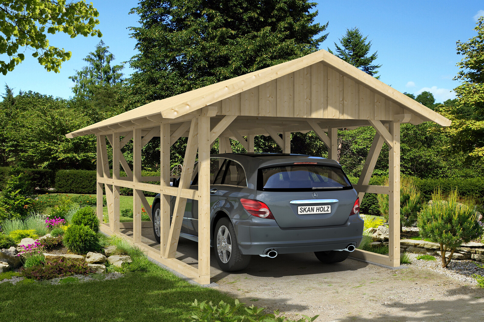 Carport Schwarzwald 424 x 772 cm mit Rückwand, natur, mit Dachschalung