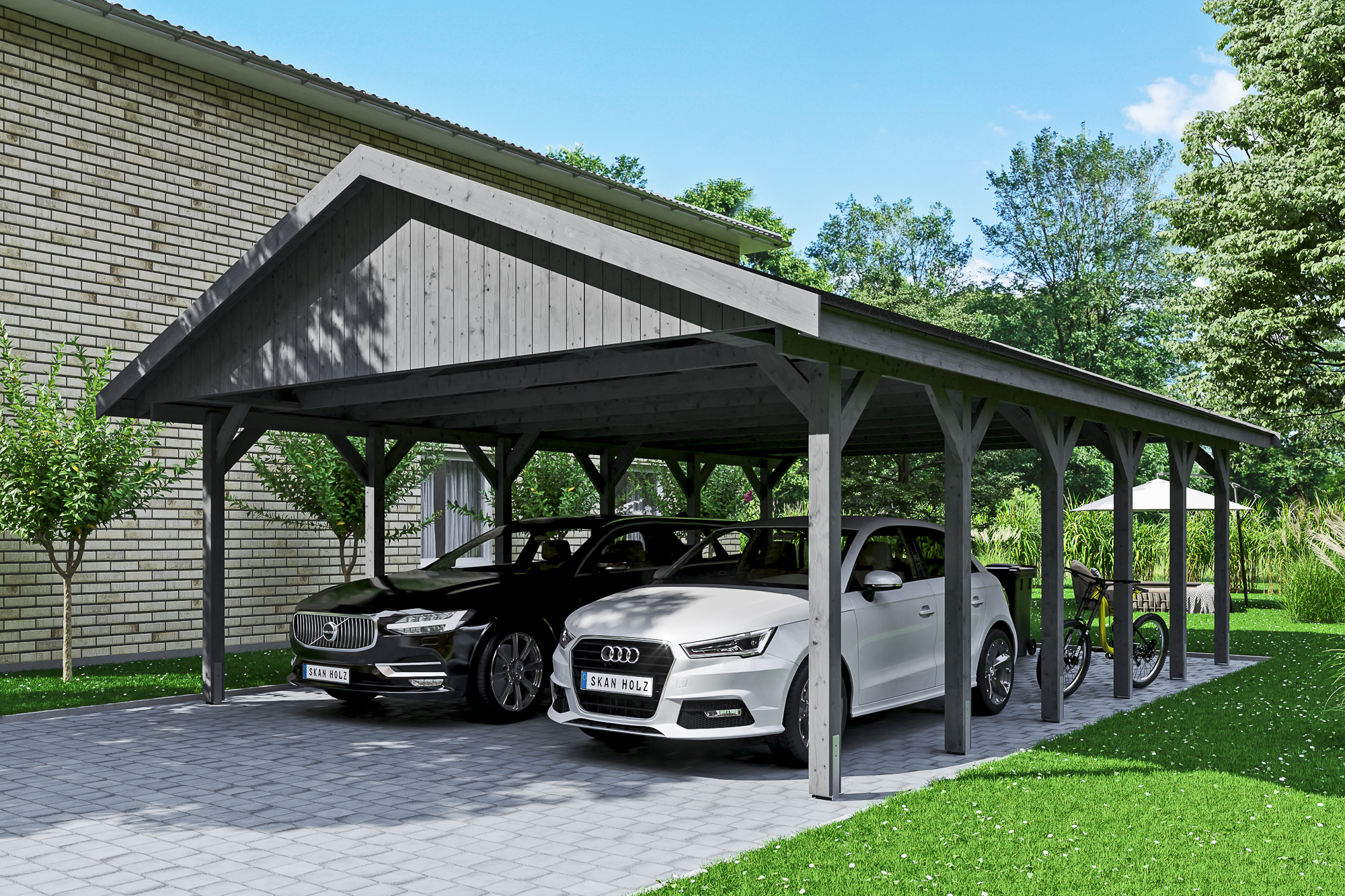 Ambientebild: Carport Wallgau 620 x 900 cm, mit schwarzen Dachschindeln, farblich behandelt in schiefergrau