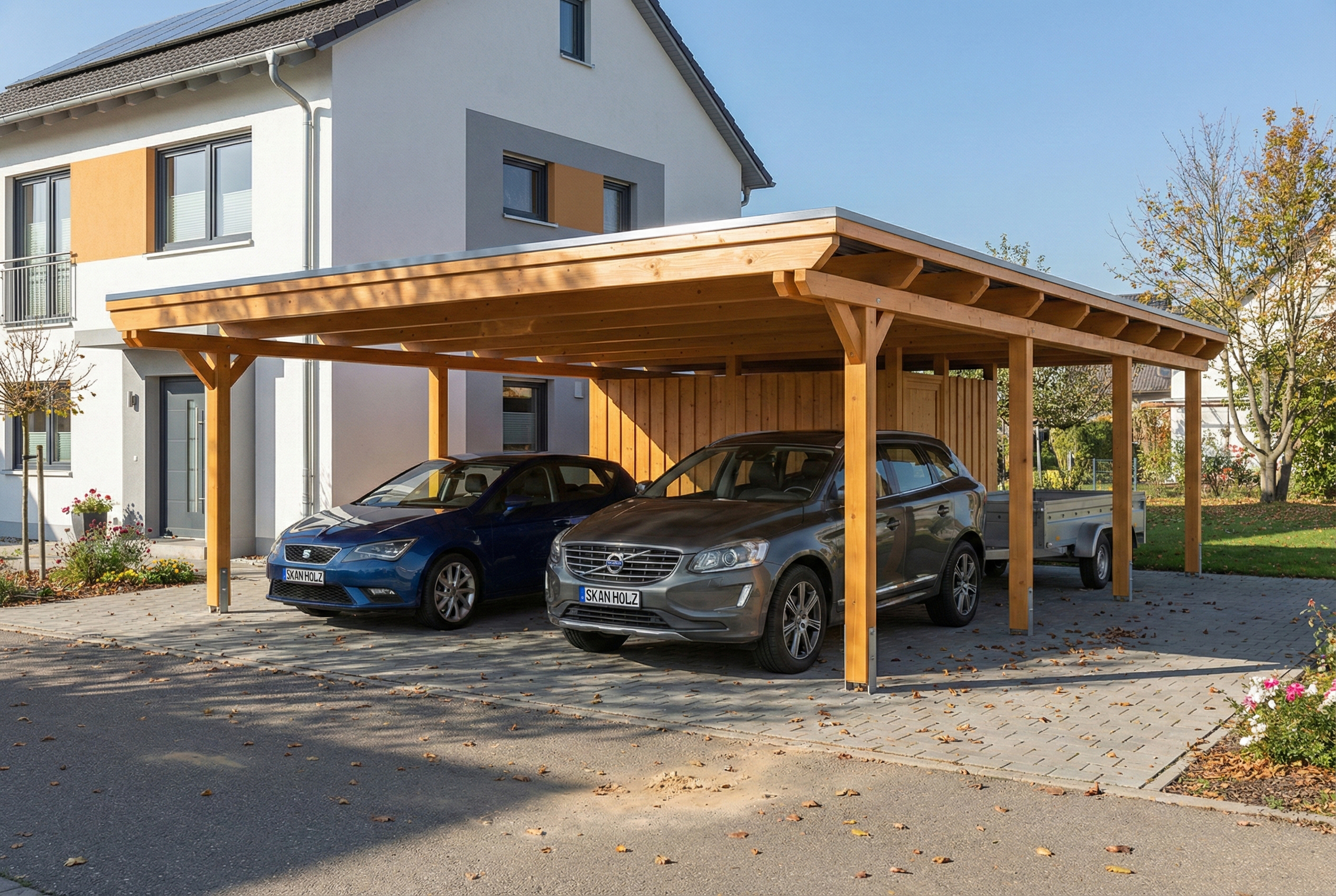Carport Emsland 609 x 846 cm, Stahl-Dachplatten mit Antikondensvlies, mit Abstellraum, eiche hell