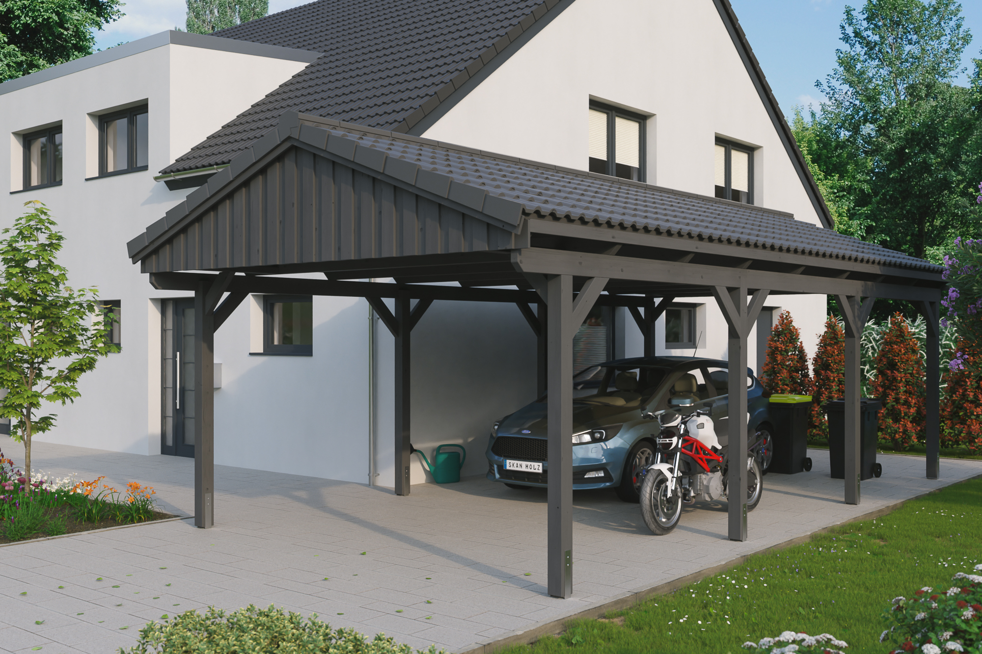 Ambientebild: Carport Fichtelberg 423 x 808 cm, farblich behandelt in schiefergrau, mit Dachziegeln