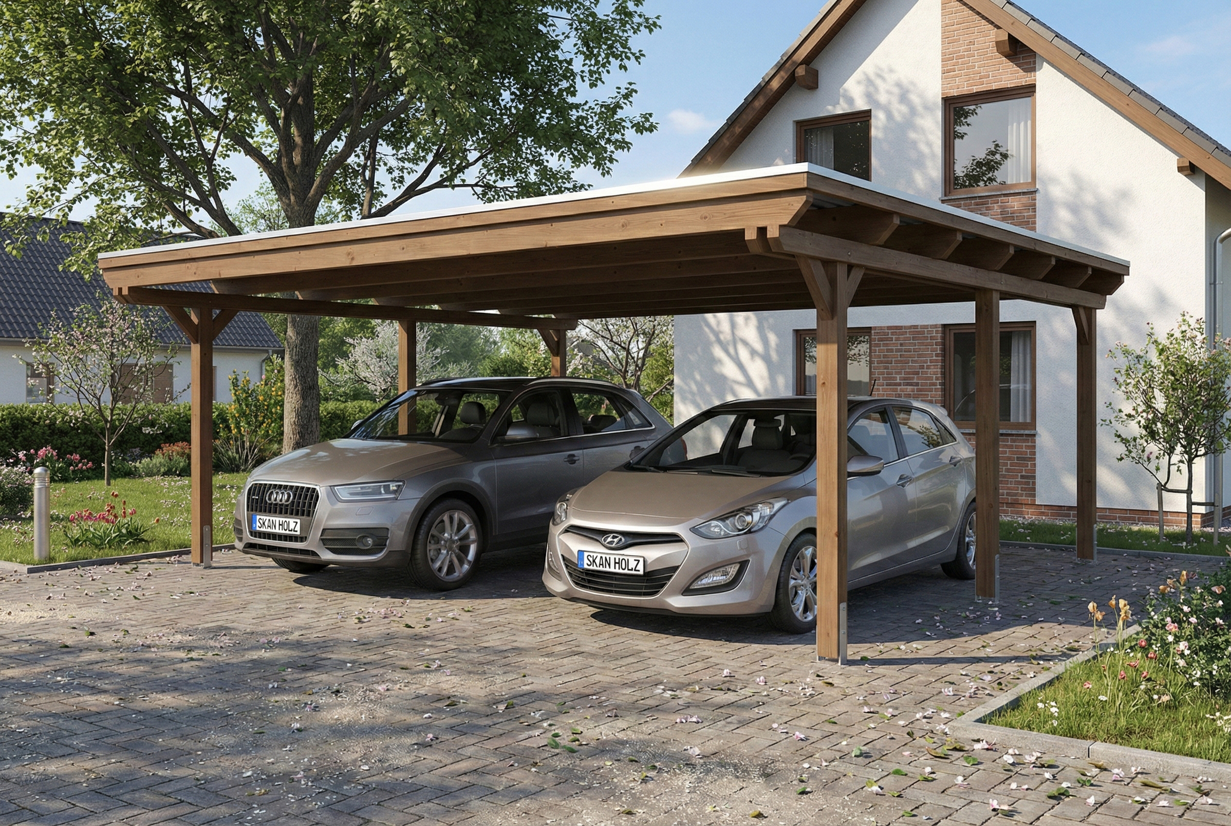 Carport Emsland 609 x 604 cm mit EPDM-Dach, nussbaum