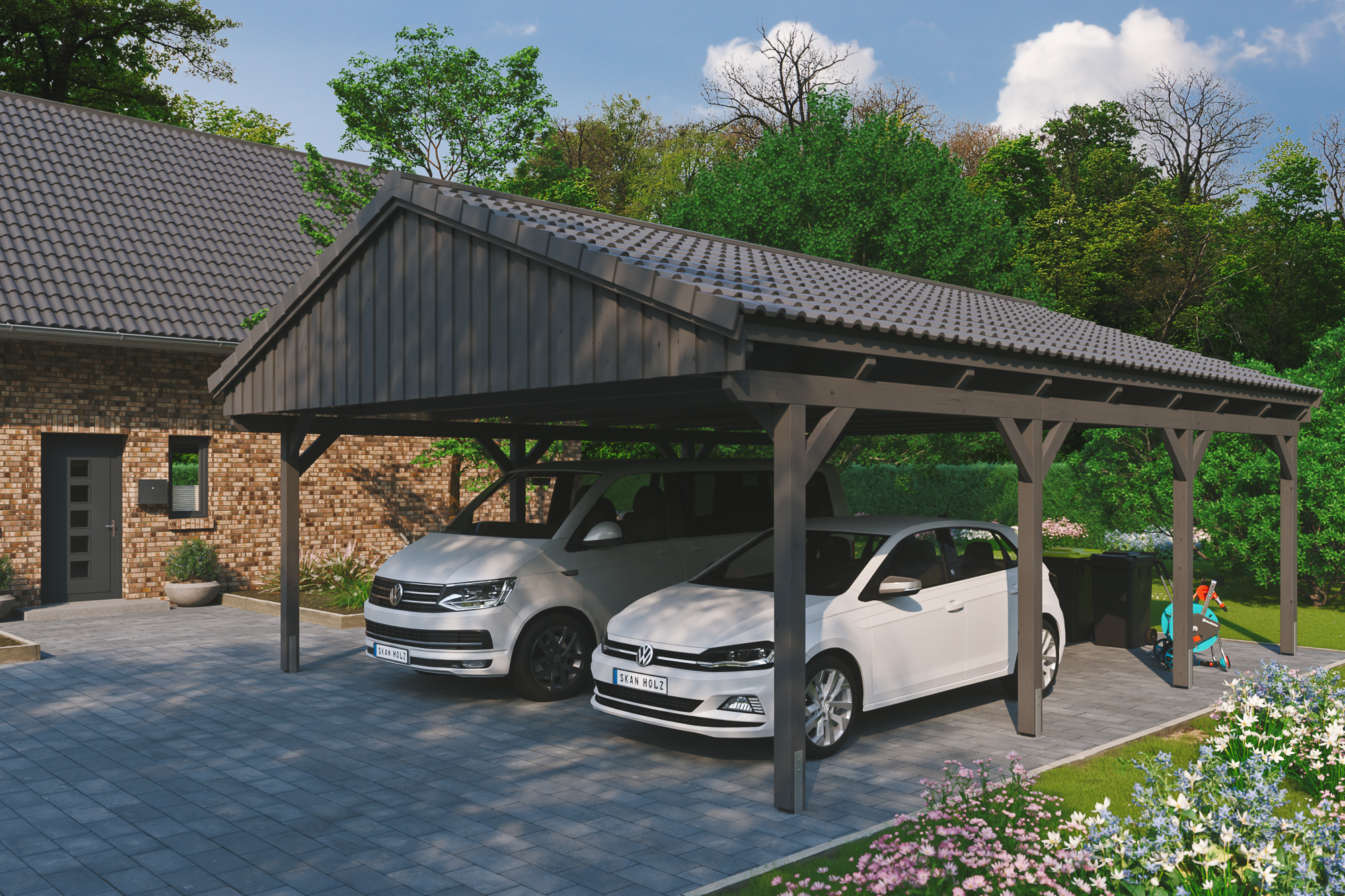 Ambientebild: Carport Fichtelberg 618 x 808 cm, farblich behandelt in schiefergrau, mit Dachziegeln