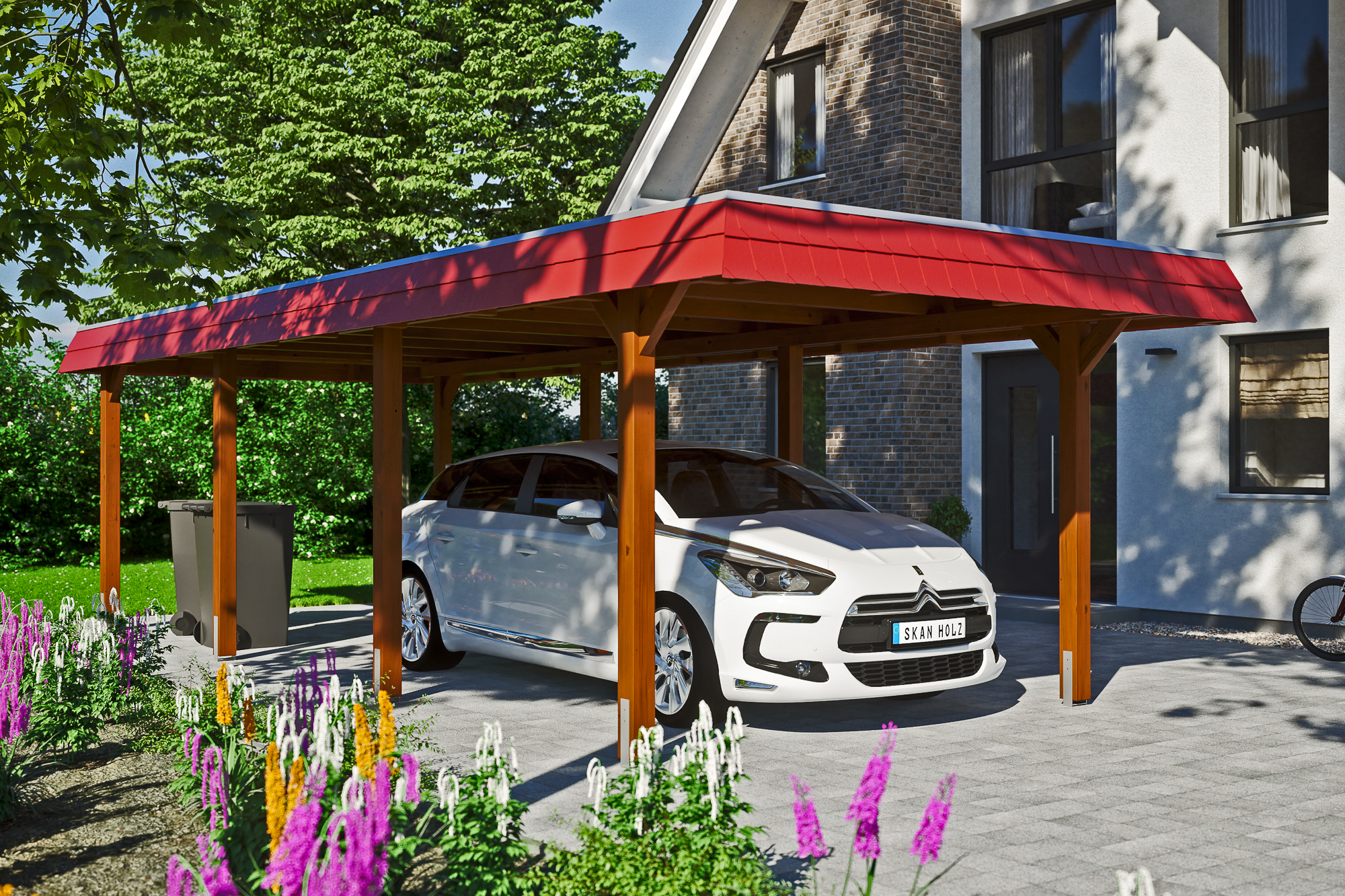Carport Wendland 362 x 870 cm with aluminium roof, red fascia, colour pre-treated walnut