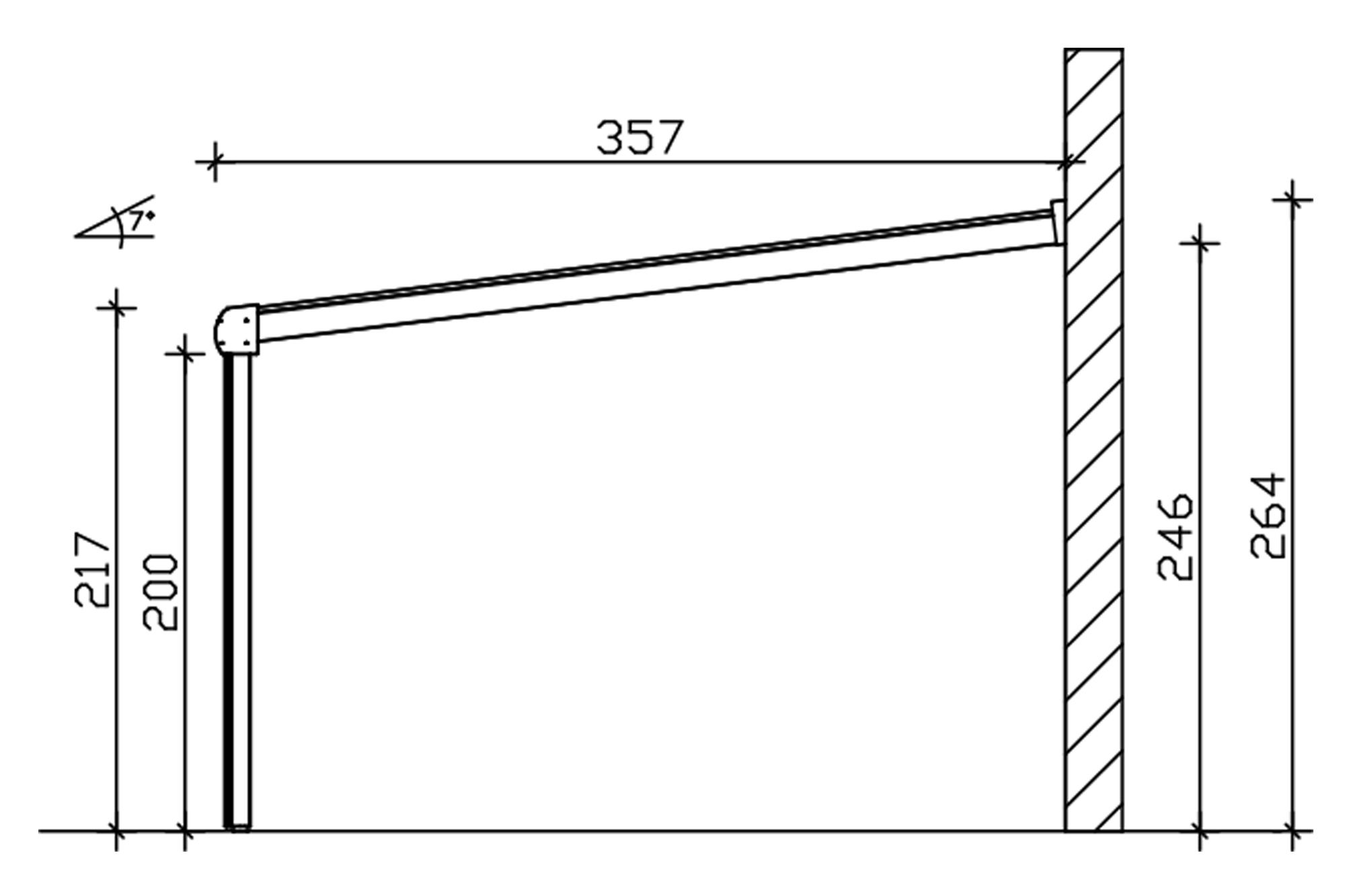 Grafik (Schnitt): Terrassenüberdachung Genua, Tiefe 357 cm