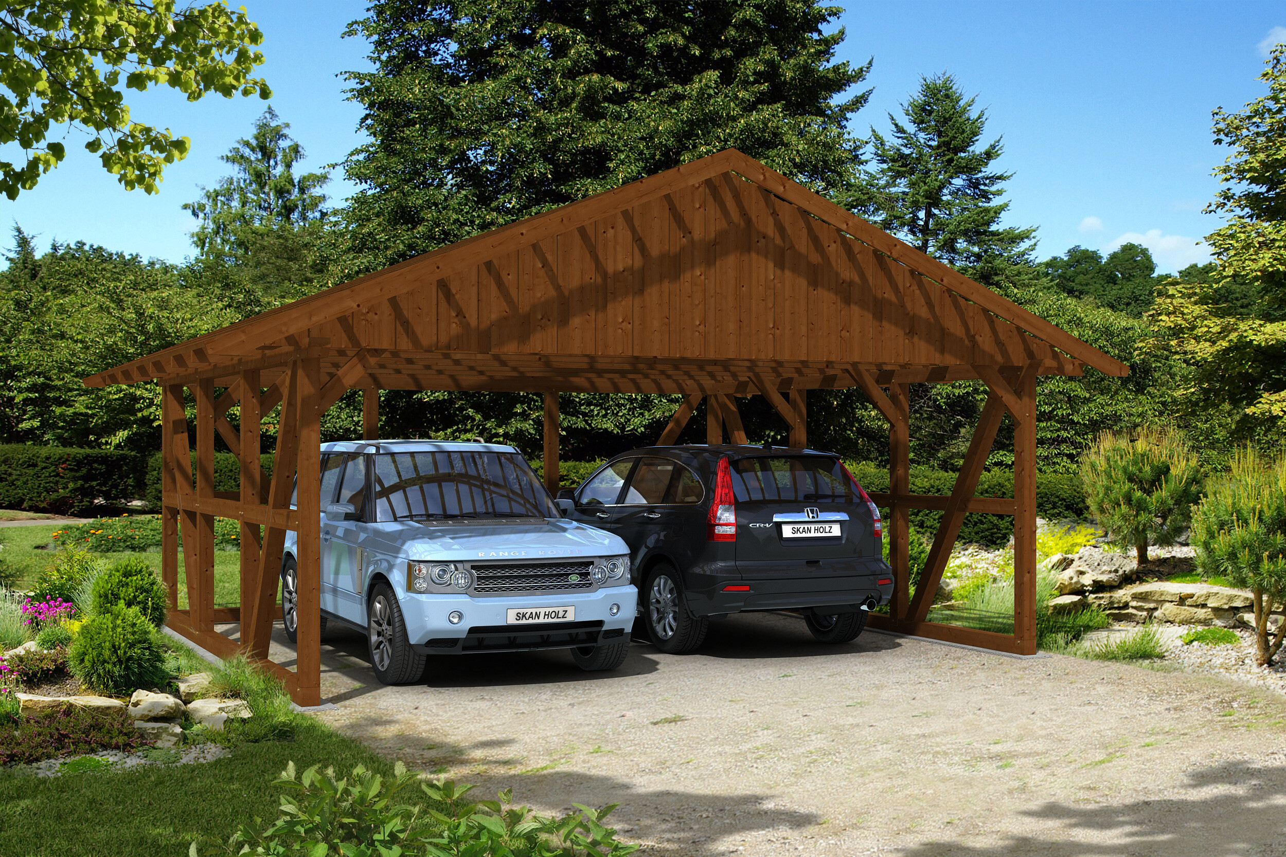 Carport Schwarzwald 684 x 600 cm mit Rückwand, nussbaum, mit Dachlattung