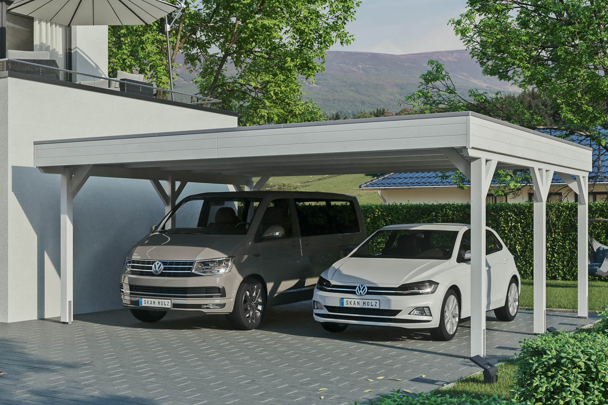 Ambientebild: Carport Grunewald 622 x 554 cm, farblich behandelt in weiß