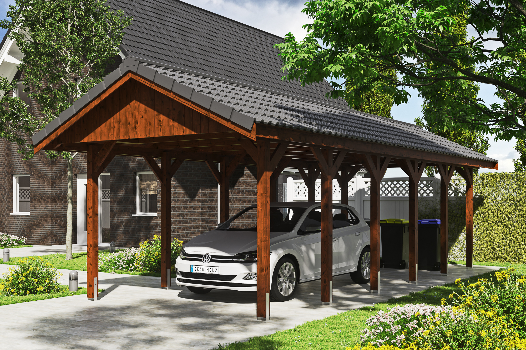 Ambientebild: Carport Wallgau 380 x 900 cm, mit Dachziegeln, farblich behandelt in nussbaum