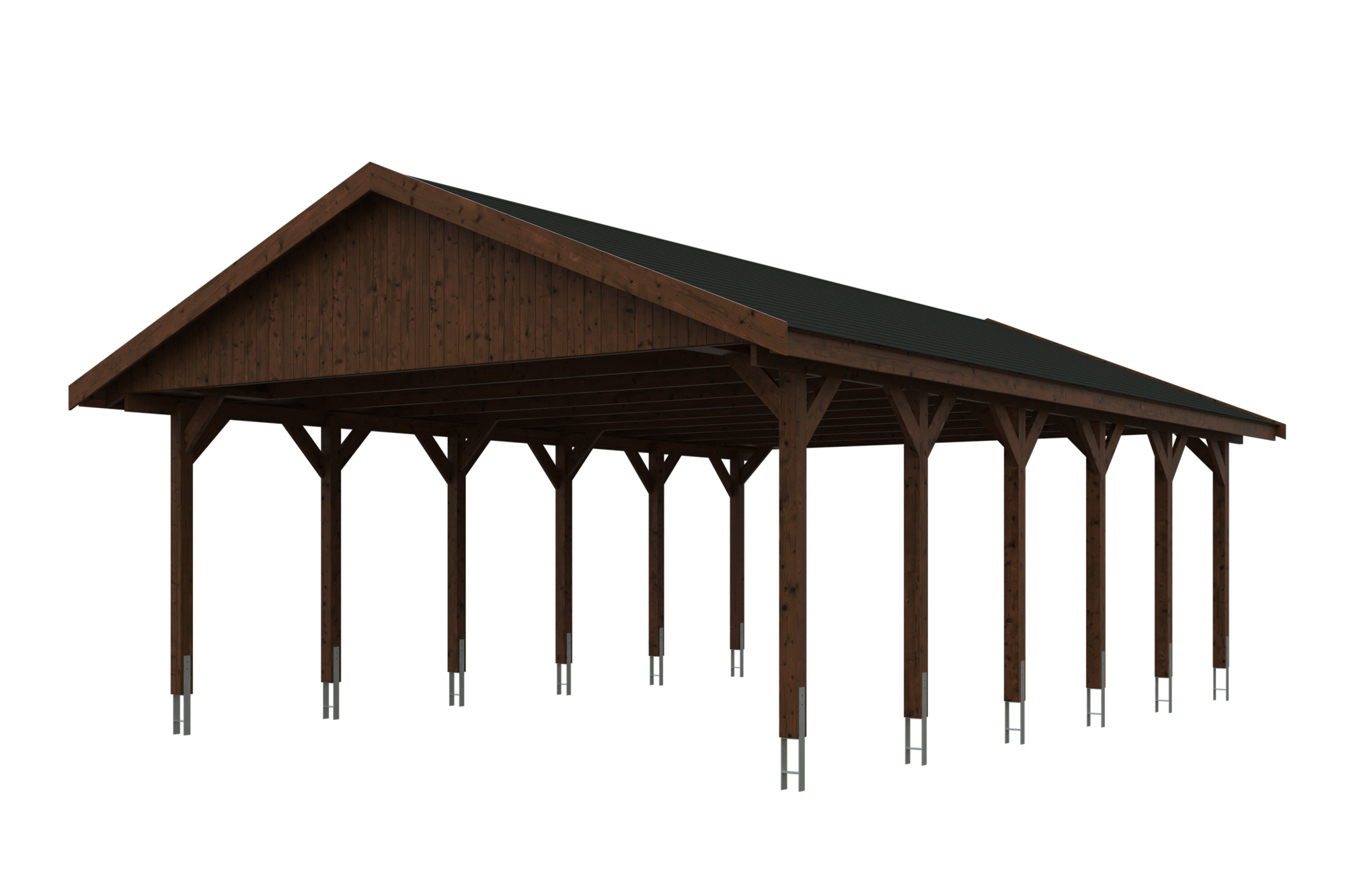 Produktbild: Carport Wallgau 620 x 900 cm, mit schwarzen Dachschindeln, farblich behandelt in nussbaum
