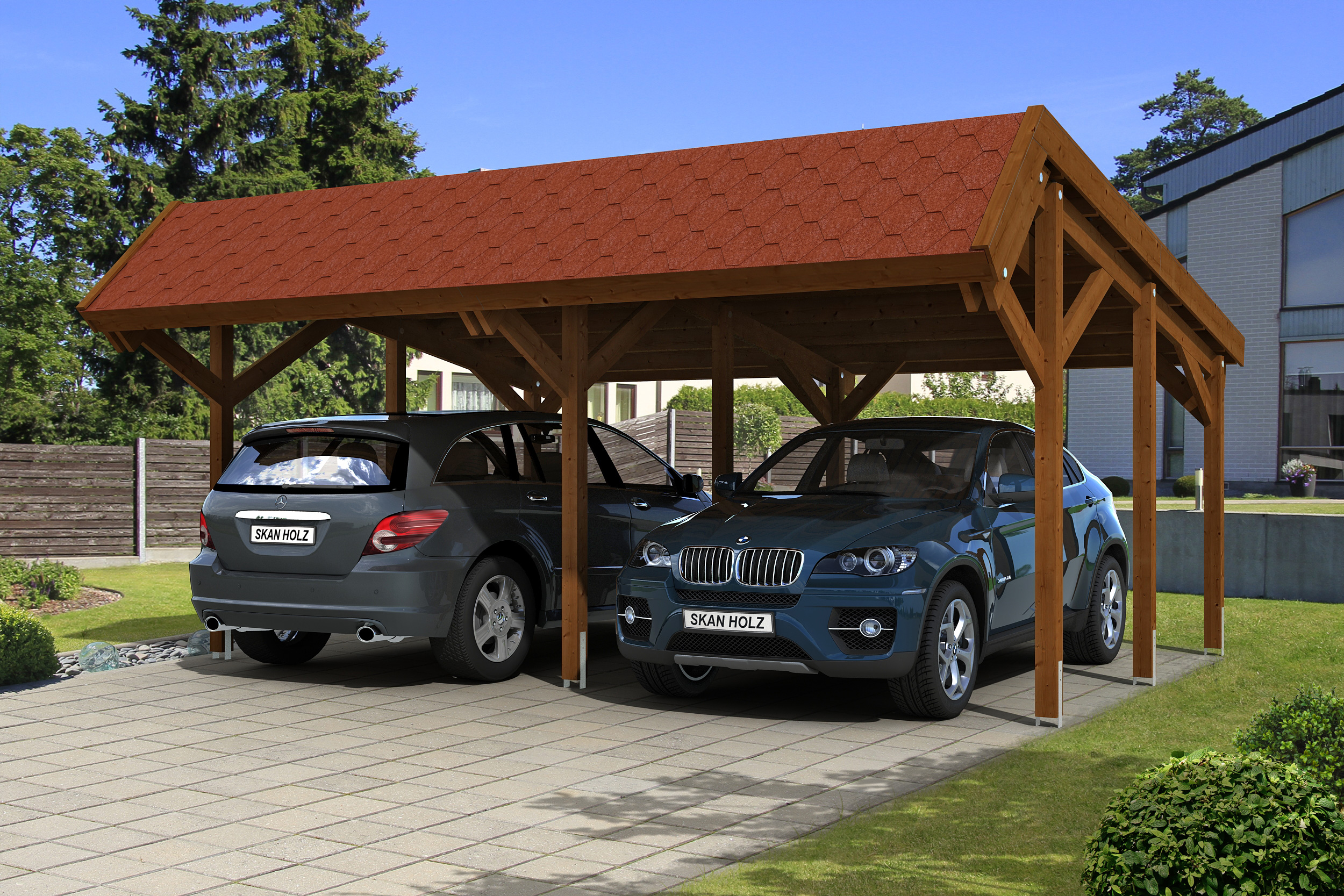 Ambientebild: Carport Harz 624 x 560 cm, farblich behandelt in nussbaum, mit roten Dachschindeln
