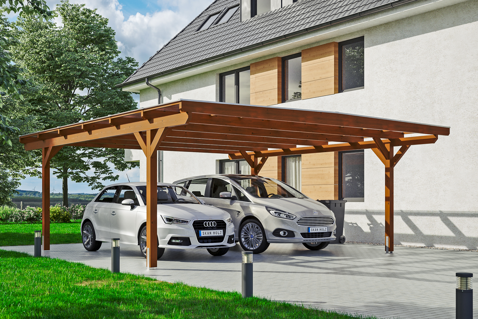 Ambientebild: Carport Odenwald 640 x 648 cm, farblich behandelt in nussbaum