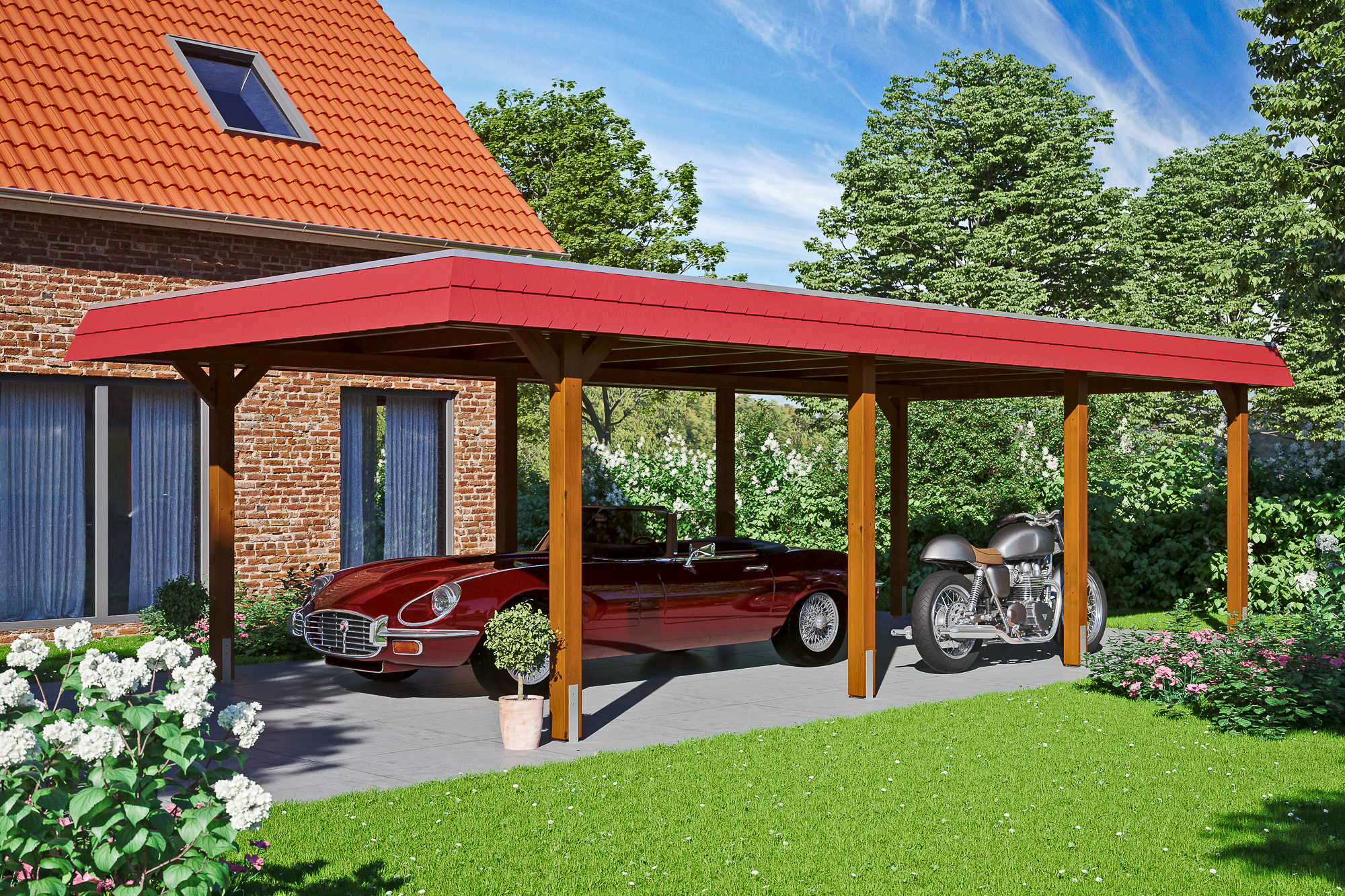 Ambientebild: Carport Wendland 409 x 870 cm, mit roter Blende, farblich behandelt in nussbaum