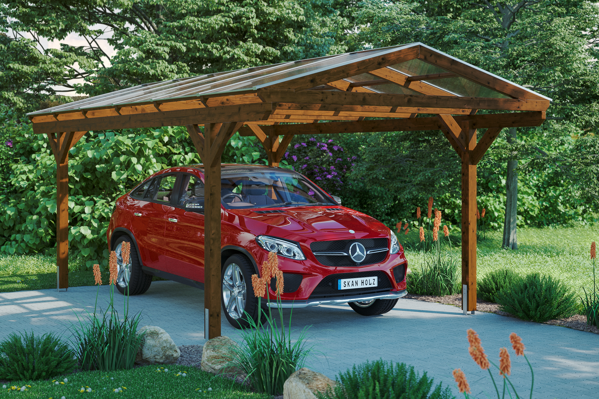 Ambientebild: Carport Westerwald 362 x 648 cm, farblich behandelt in nussbaum