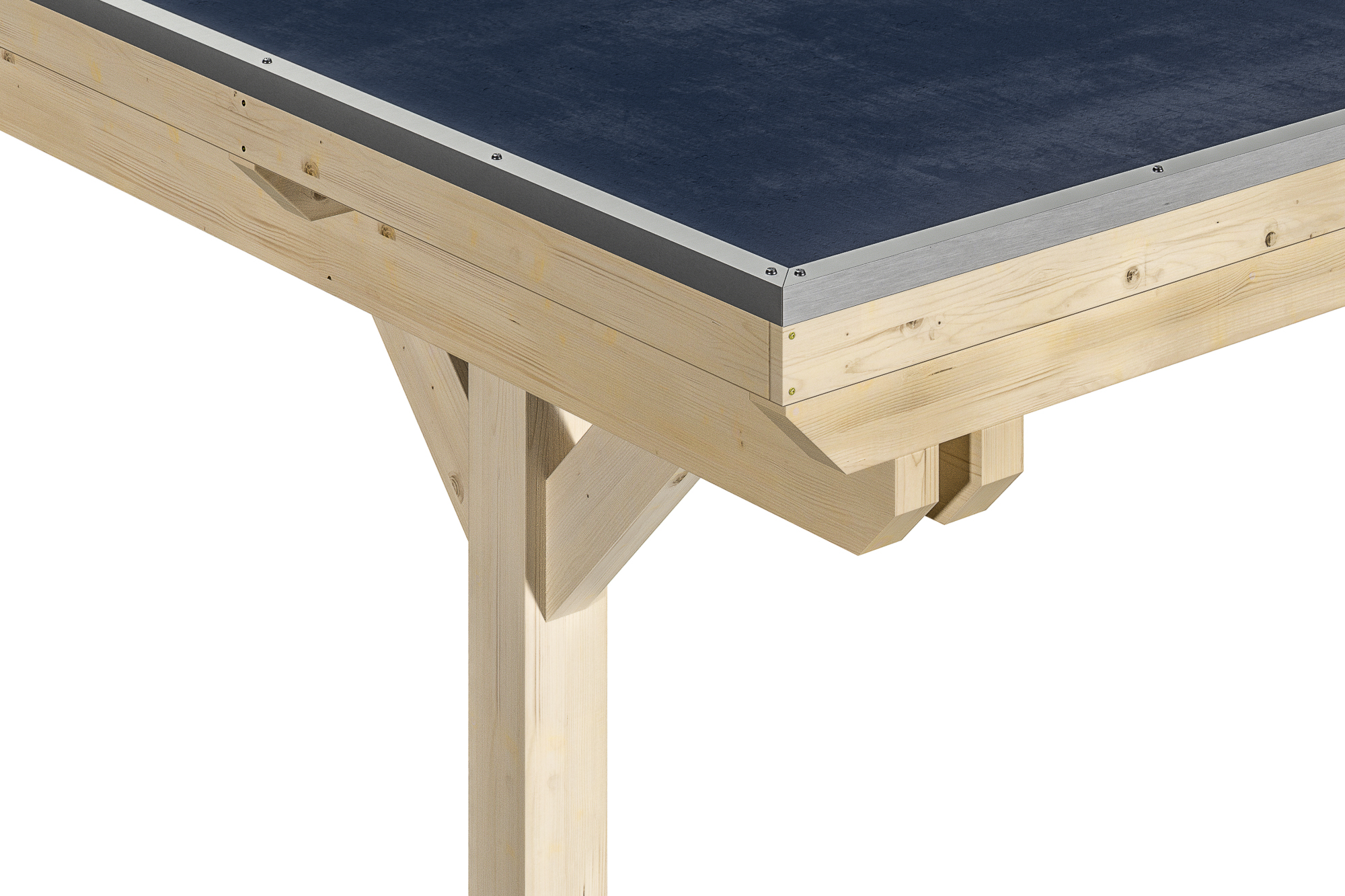 Detailbild: Konstruktion beim Carport Emsland von oben (Pfosten, Doppelpfette, EPDM-Dachfolie und Blende mit Aluminiumabschlusskante)
