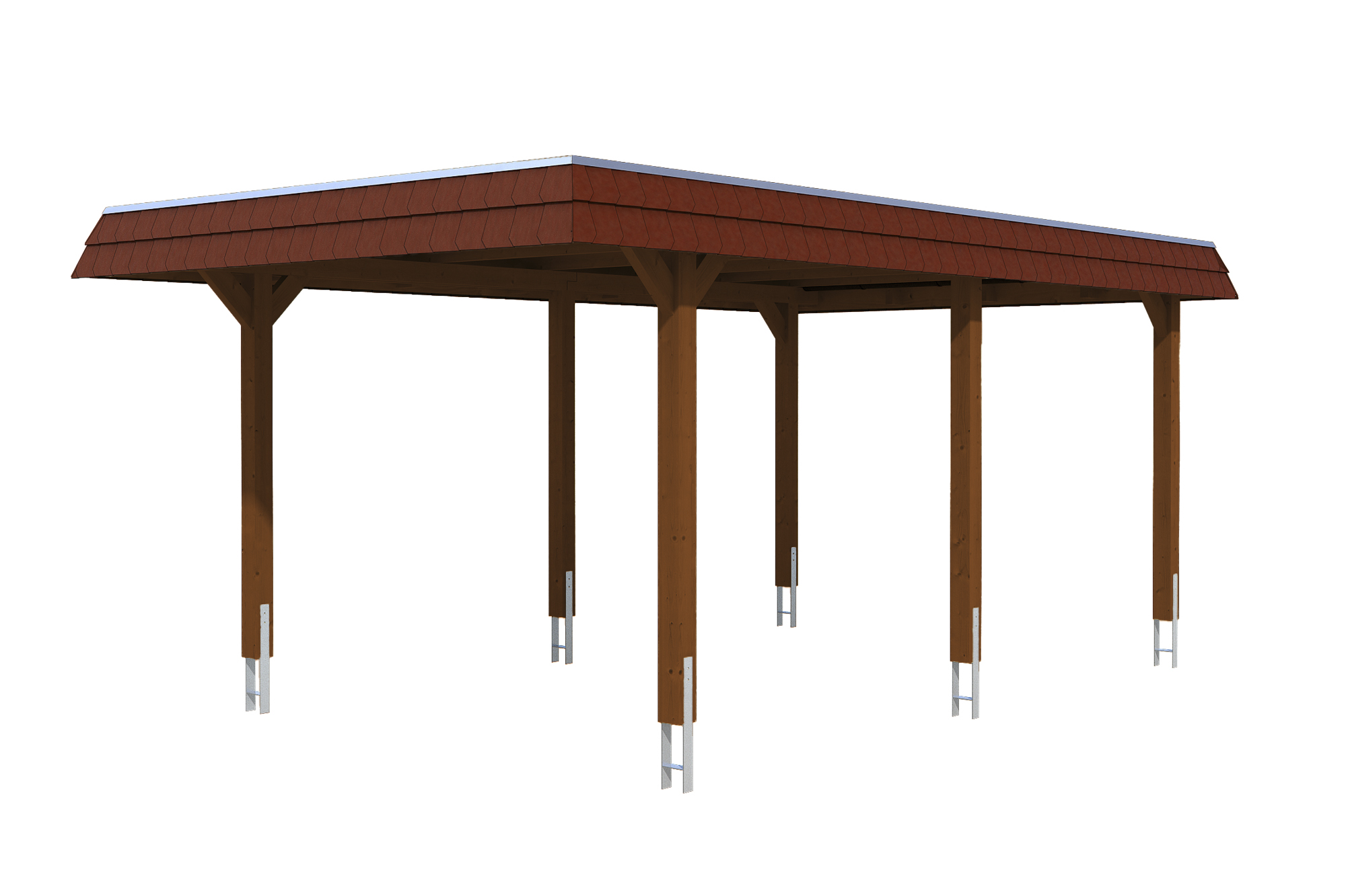 Produktbild: Carport Wendland 362 x 628 cm, mit roter Blende, farblich behandelt in nussbaum