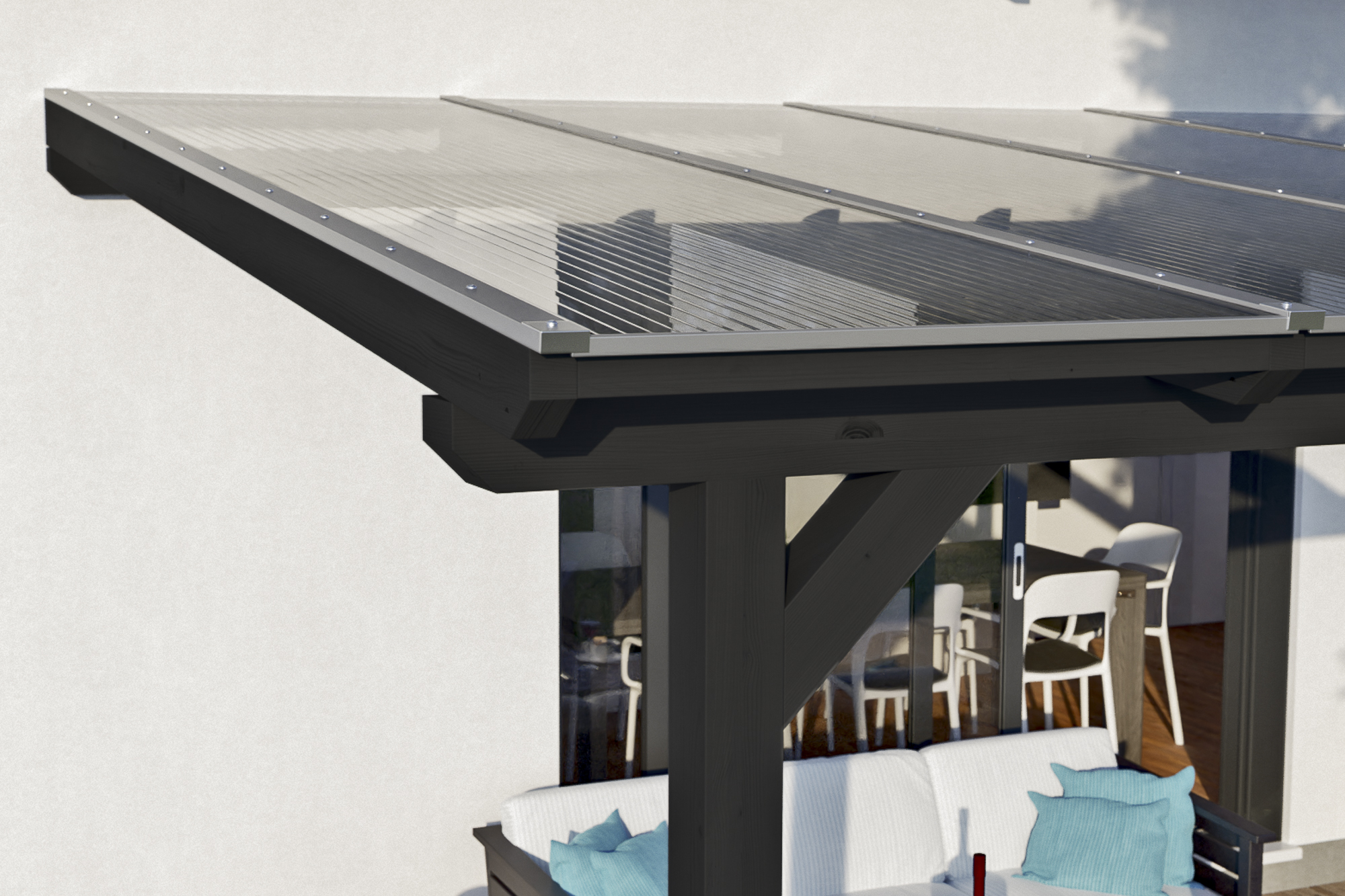 Detailbild einer Terrassenüberdachung Andria/Bormio farblich behandelt in anthrazit mit Blick seitlich auf das Dach