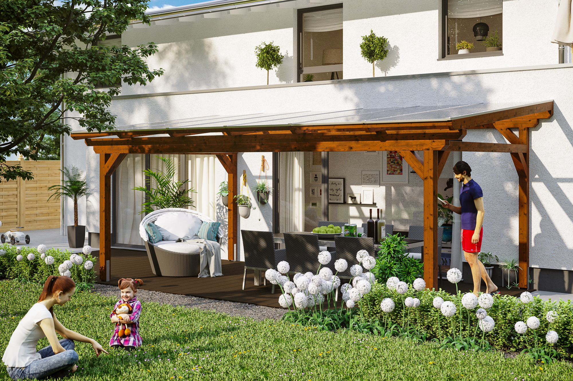 Ambientebild: Terrassenüberdachung Sanremo, Breite 648 cm, farblich behandelt in nussbaum