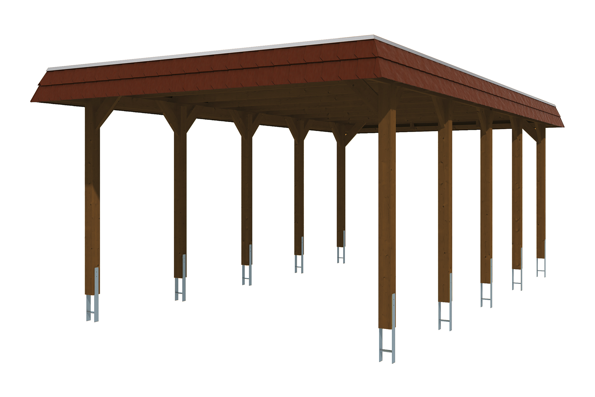 Produktbild: Carport Spreewald 396 x 741 cm mit roter Blende, farblich behandelt in nussbaum