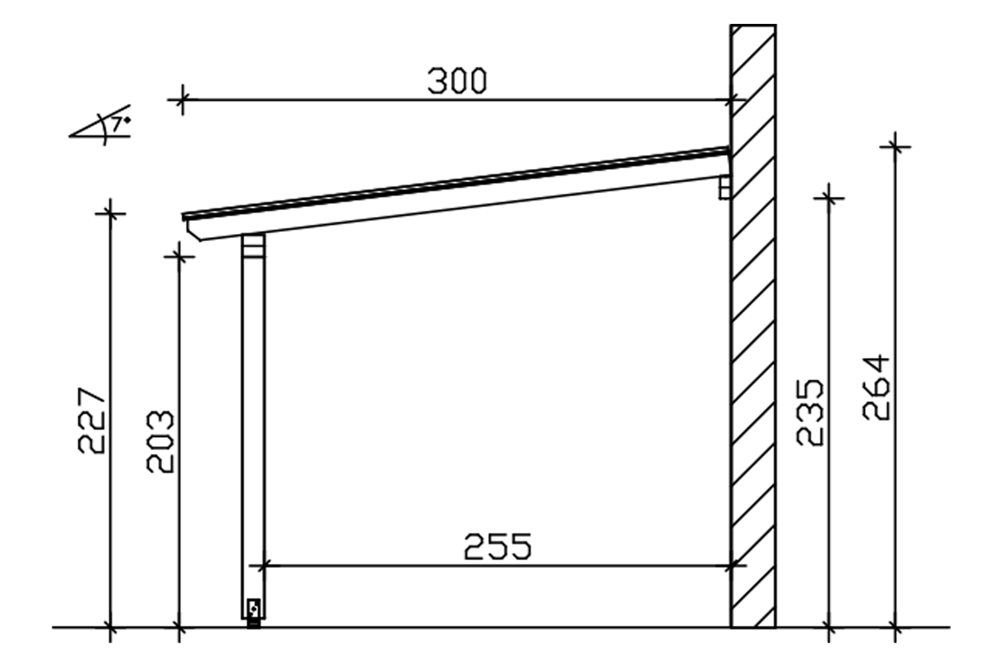 Grafik (Schnitt): Terrassenüberdachung Andria/Bormio, Tiefe 300 cm
