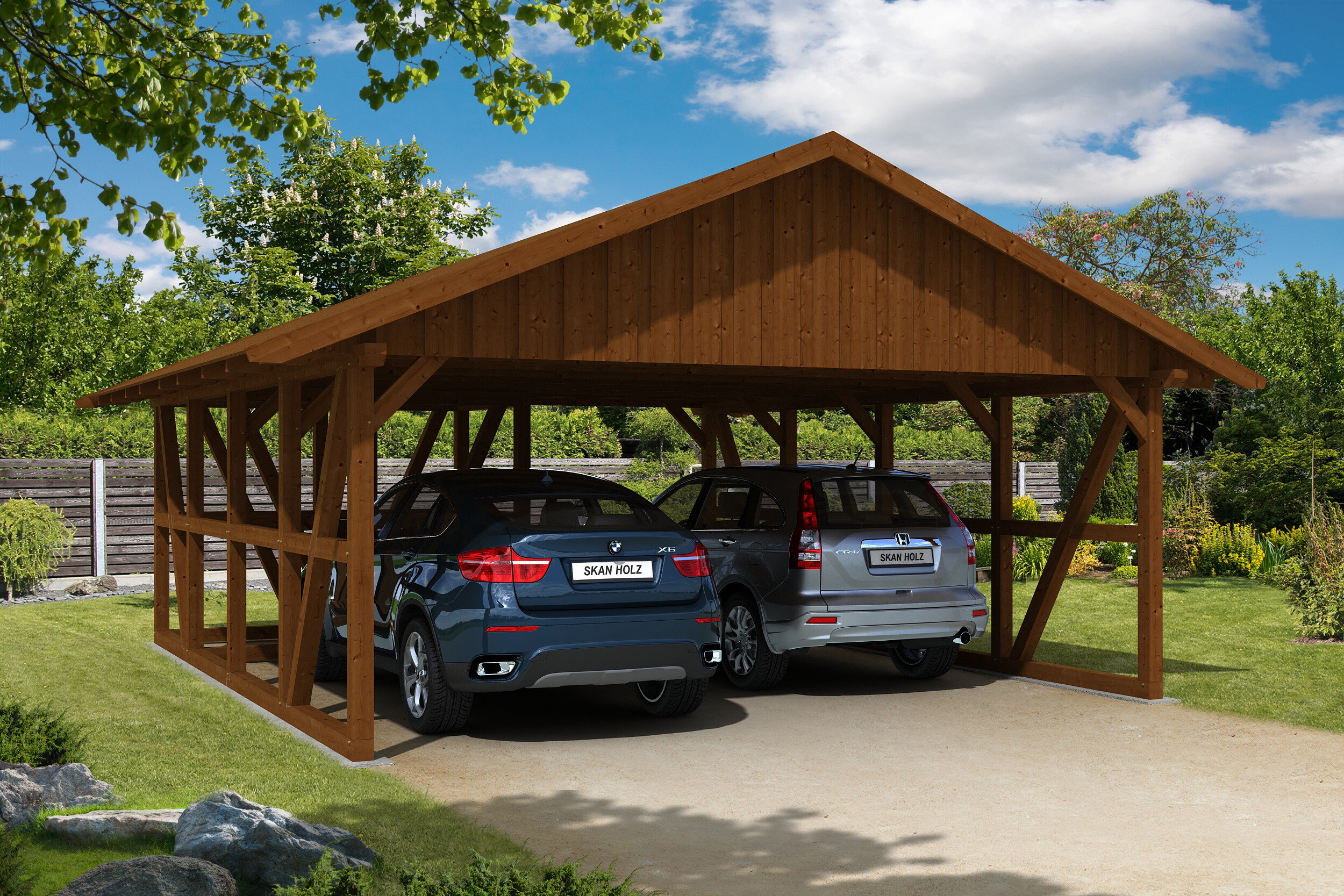 Carport Schwarzwald 684 x 772 cm mit Abstellraum 1, nussbaum, mit Dachschalung