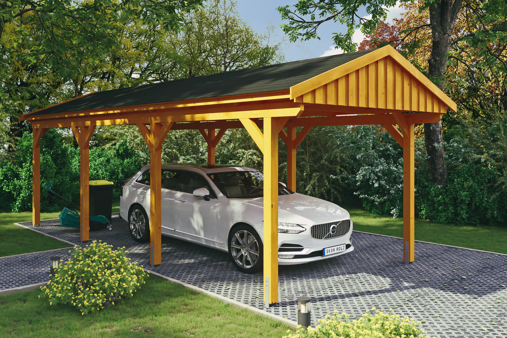 Ambientebild: Carport Fichtelberg 317 x 808 cm, farblich behandelt in eiche hell, mit schwarzen Dachschindeln