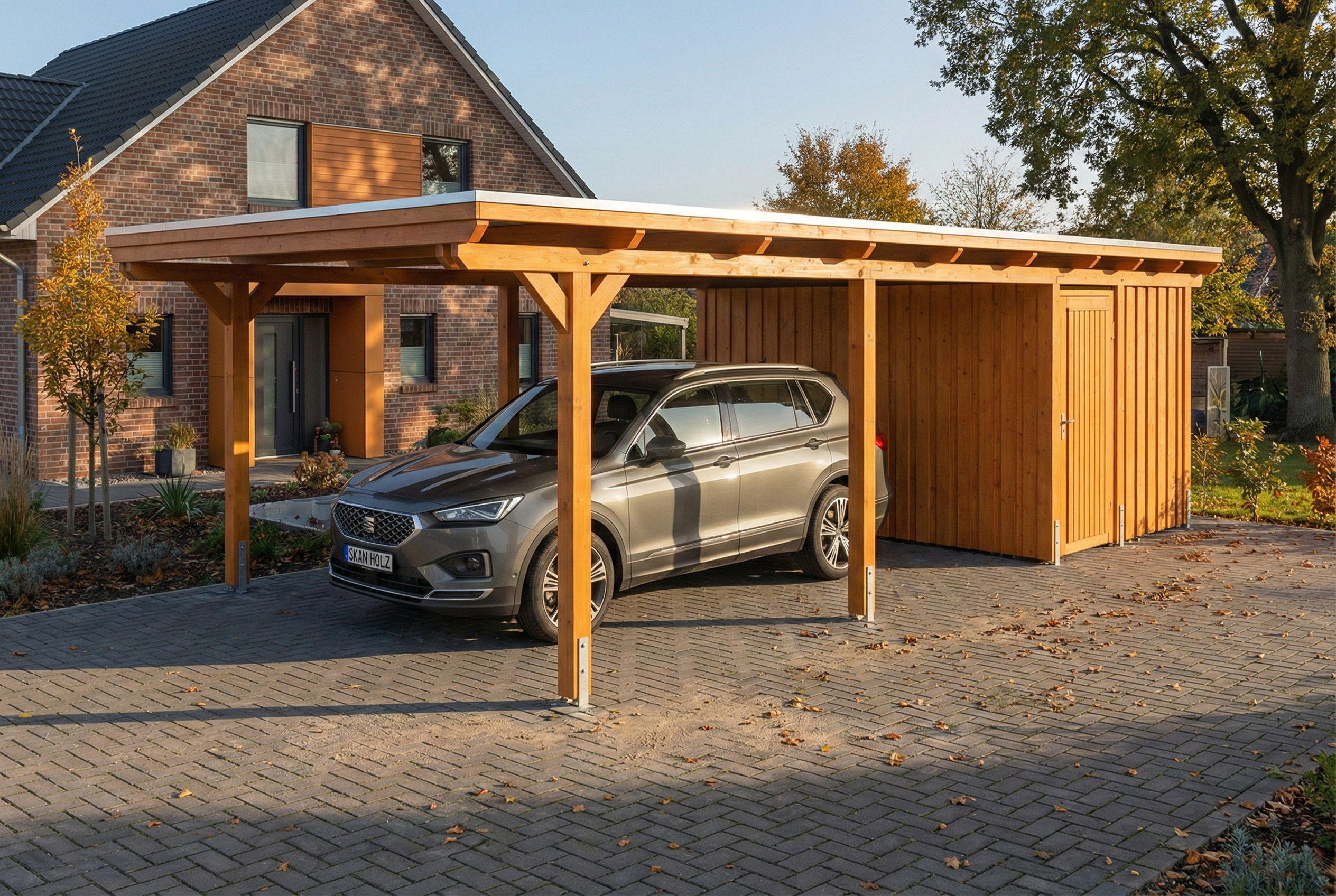 Carport Emsland 402 x 846 cm met EPDM dak, met bergruimte, licht eiken