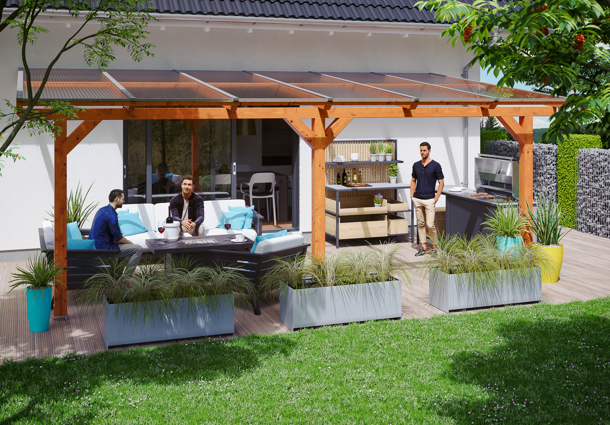 Terrasoverkapping Andria 648 x 250 cm, gelamineerd hout, gelakt in licht eiken