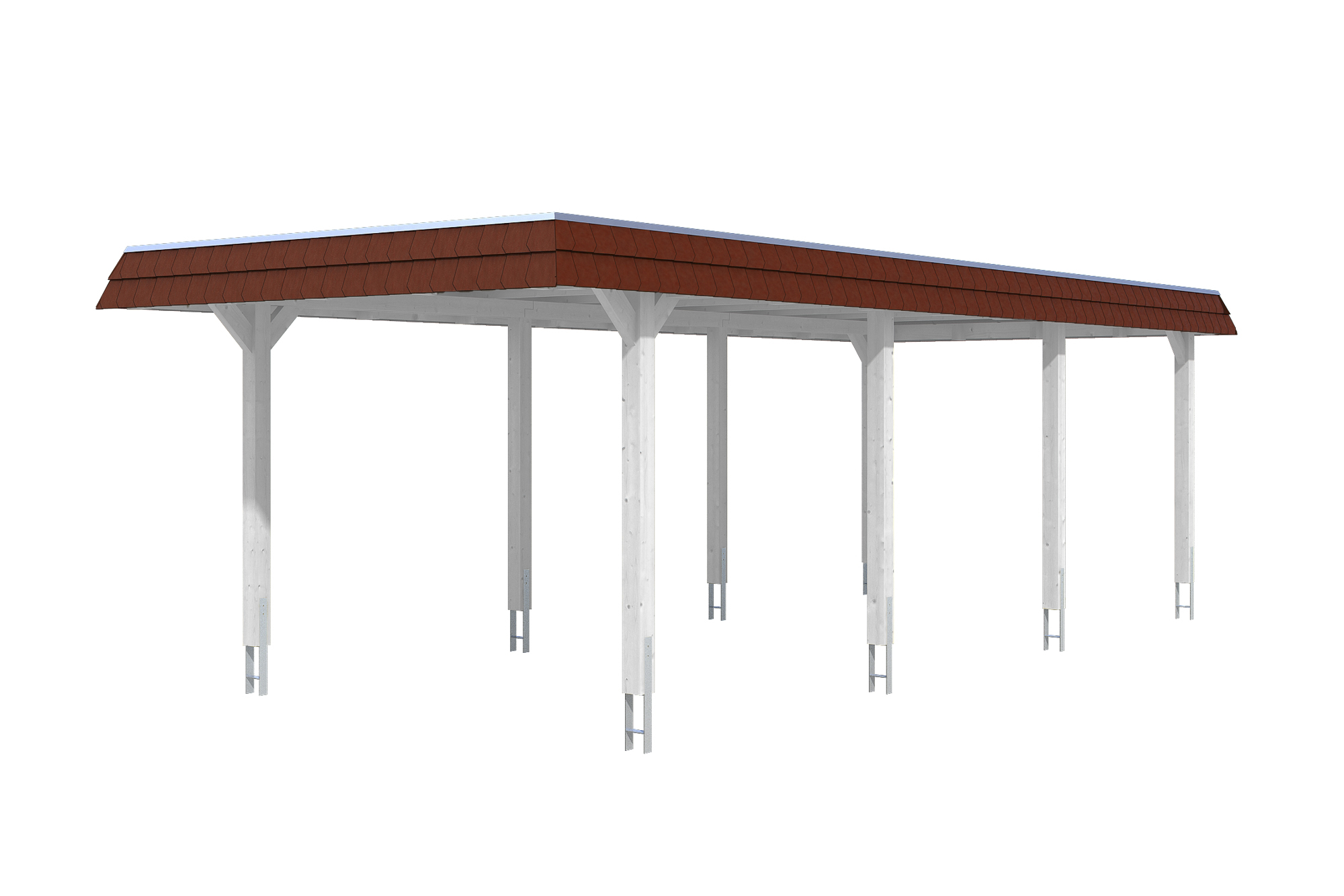 Produktbild: Carport Wendland 362 x 870 cm, mit roter Blende, farblich behandelt in weiß