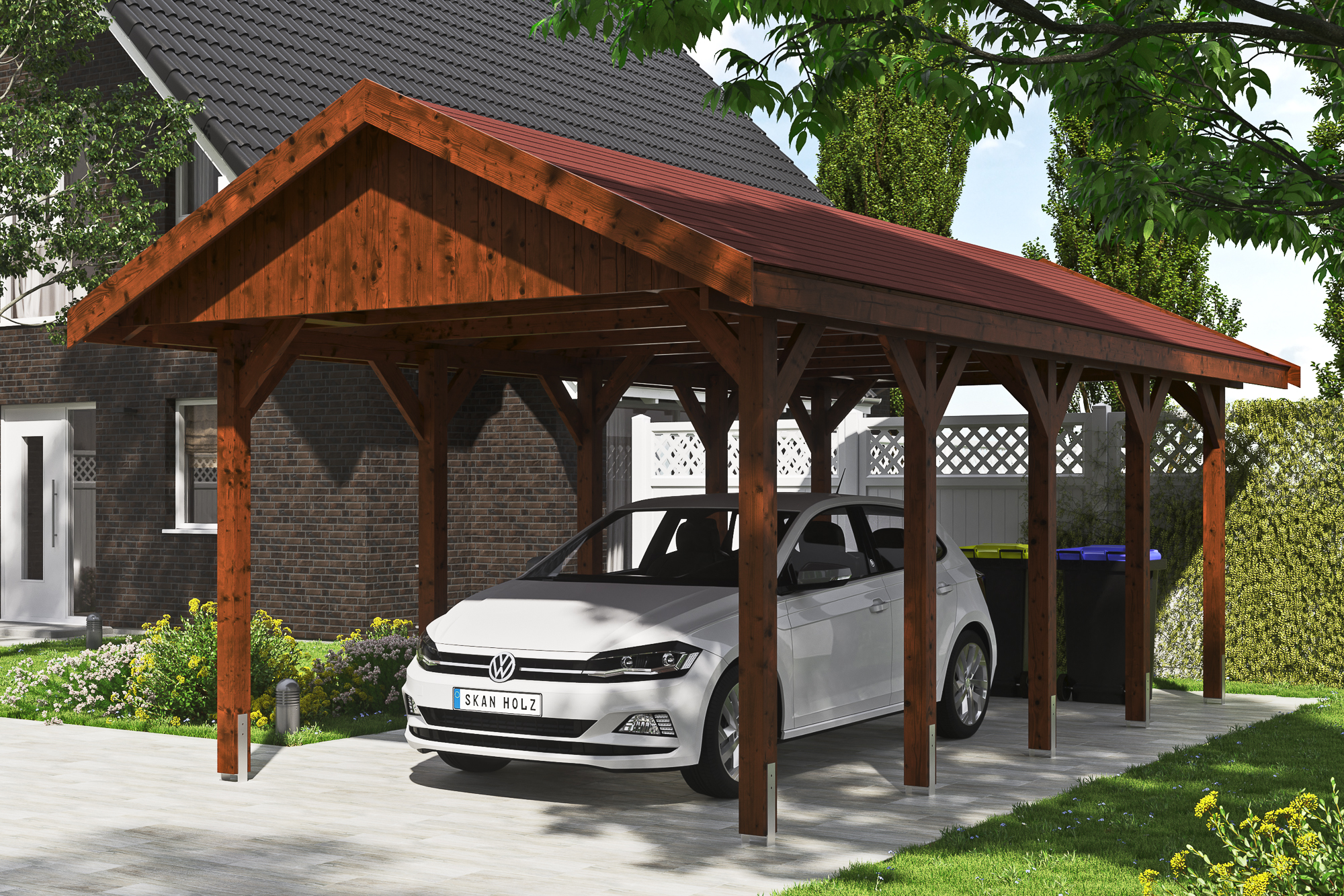 Ambientebild: Carport Wallgau 380 x 750 cm, mit roten Dachschindeln, farblich behandelt in nussbaum