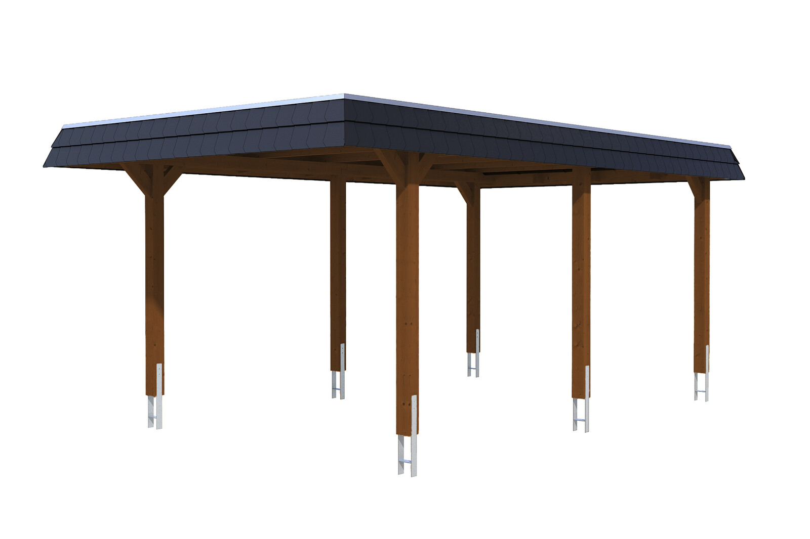 Carport Wendland 362 x 628 cm mit Aluminiumdach, schwarze Blende, nussbaum