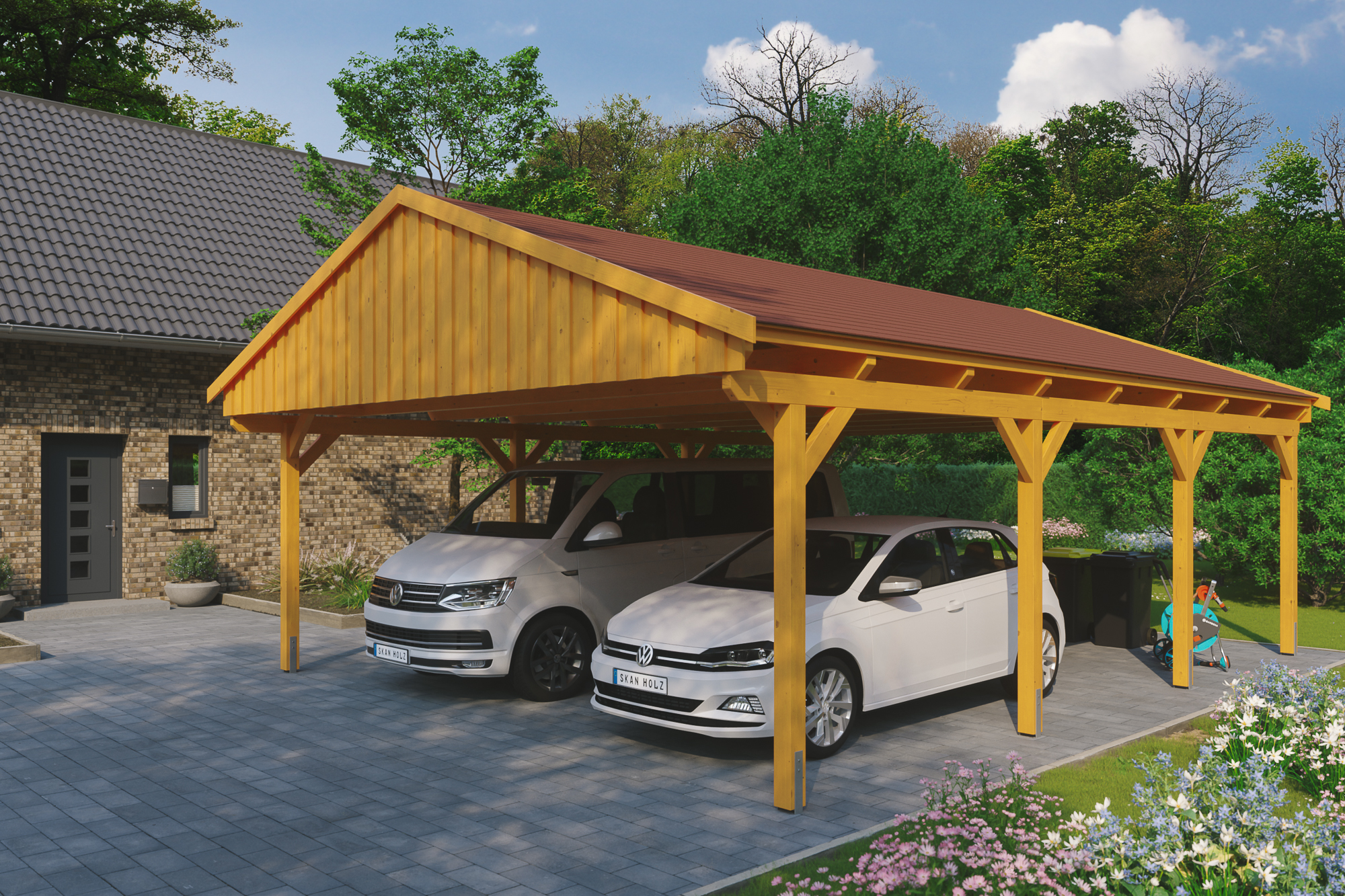 Ambientebild: Carport Fichtelberg 618 x 808 cm, farblich behandelt in eiche hell, mit roten Dachschindeln