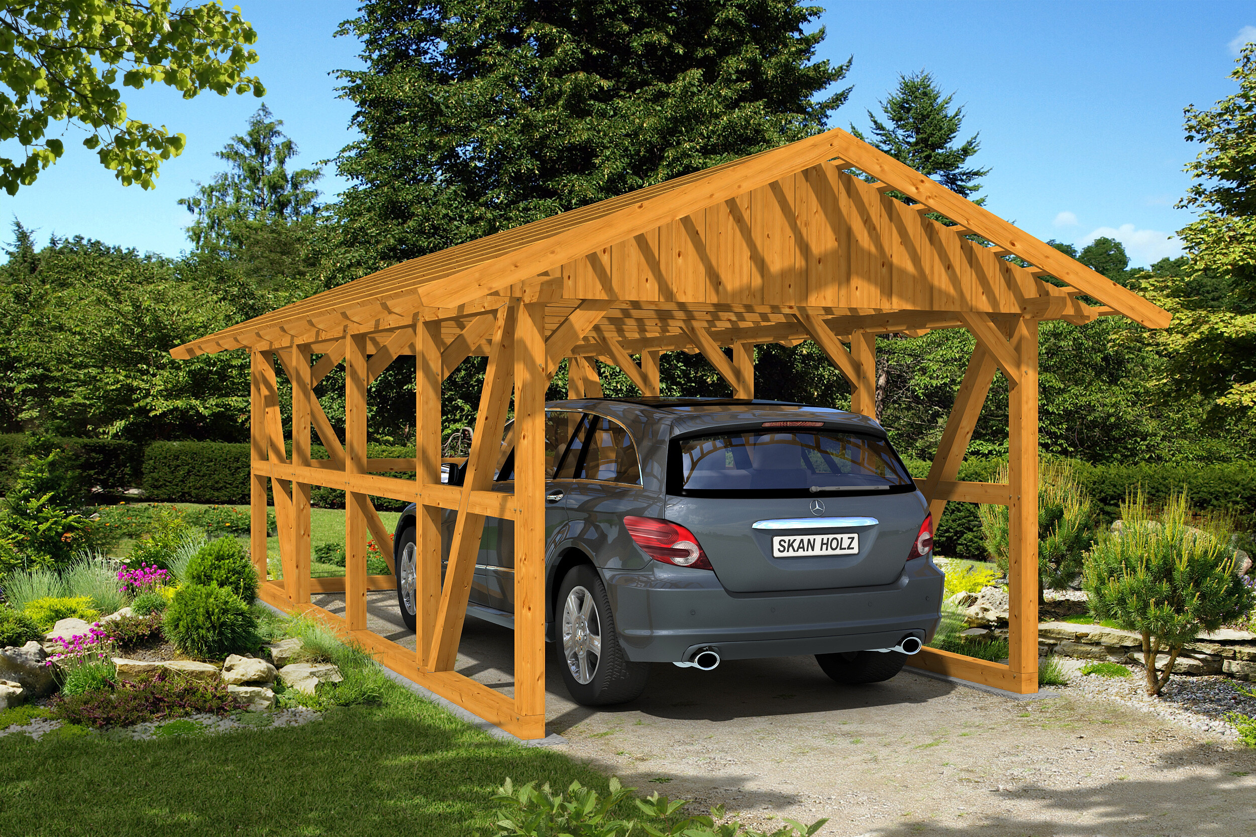 Carport Schwarzwald 424 x 772 cm mit Rückwand, eiche hell, mit Dachlattung