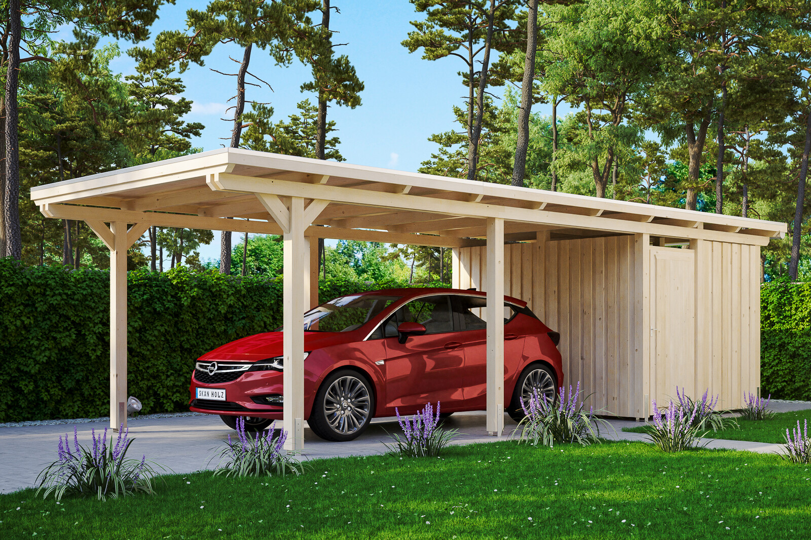 Carport Emsland 354 x 846 cm met bergruimte, onbehandeld, met dakbetimmering en EPDM-folie