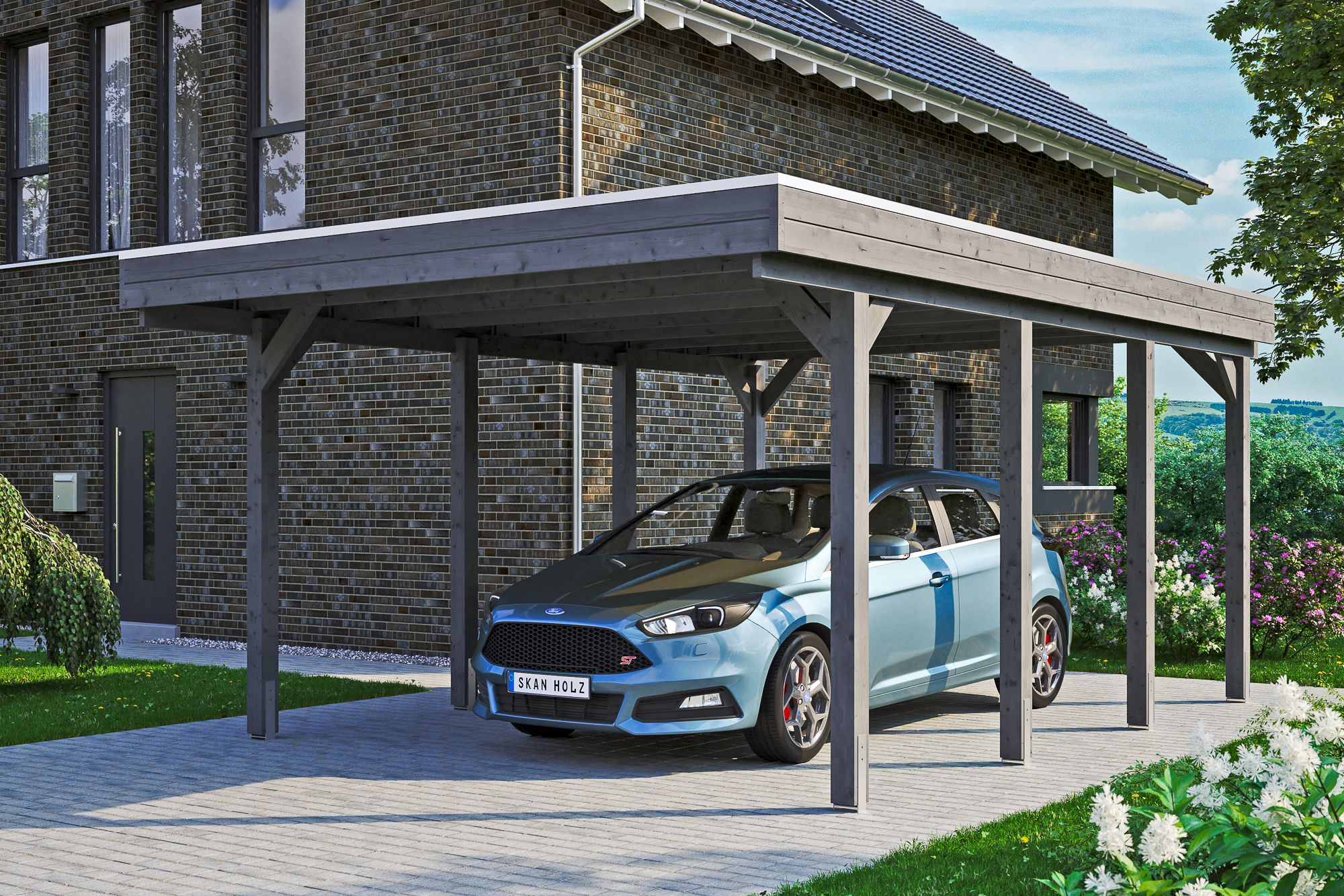 Ambientebild: Carport Friesland 397 x 555 cm, farblich behandelt in schiefergrau