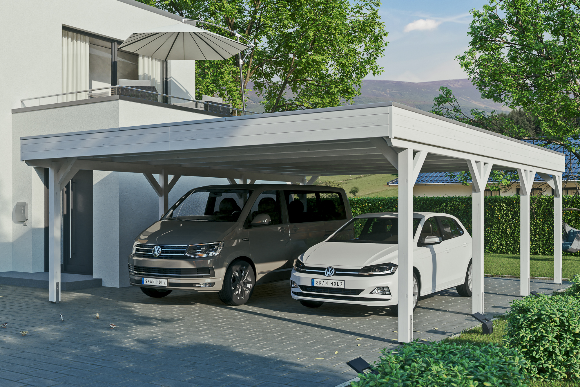 Ambientebild: Carport Grunewald 622 x 796 cm, farblich behandelt in weiß