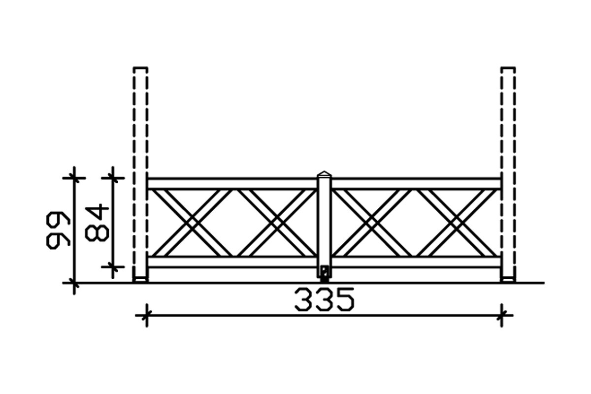 Balustrade 335 x 84 cm, Croix de saint André, bois d'épinette, traitement coloré noyer