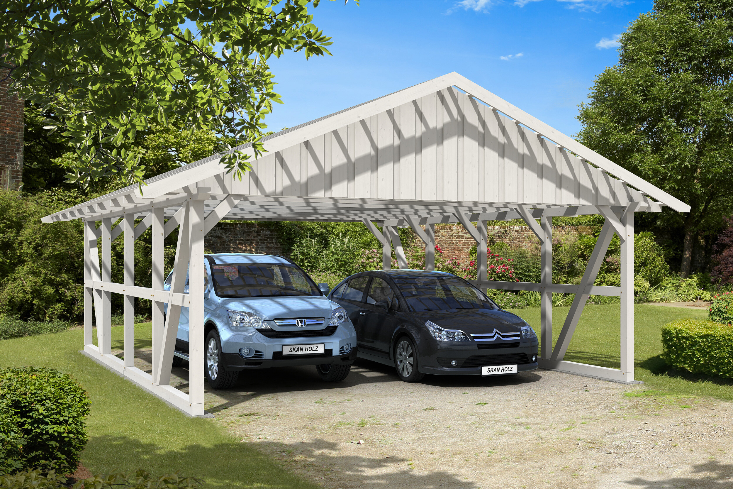 Carport Schwarzwald 684 x 772 cm, weiß, mit Dachlattung