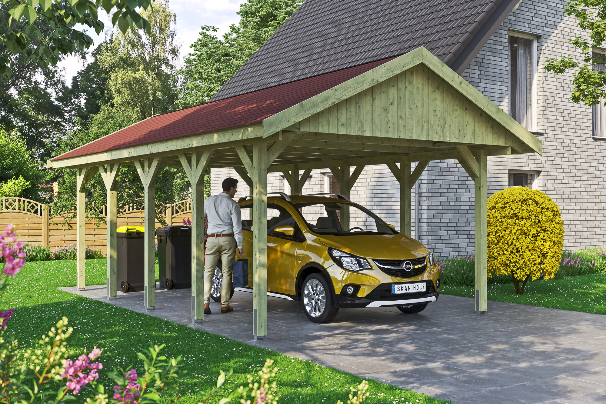 Ambientebild: Carport Wallgau 430 x 750 cm, mit roten Dachschindeln, grün imprägniert 