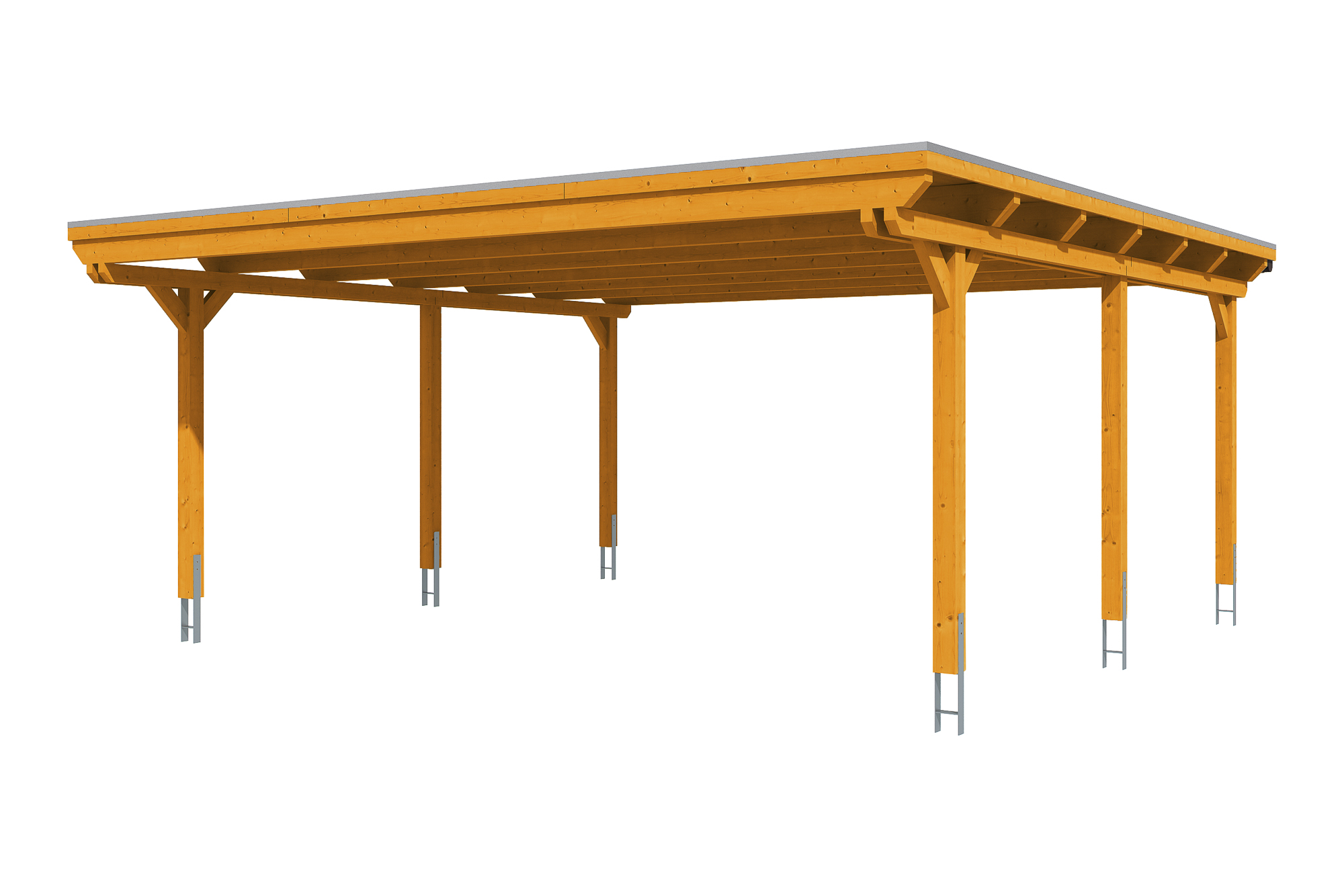 Carport Emsland 613 x 604 cm, gelakt in licht eiken, met Aluminium dakplaten