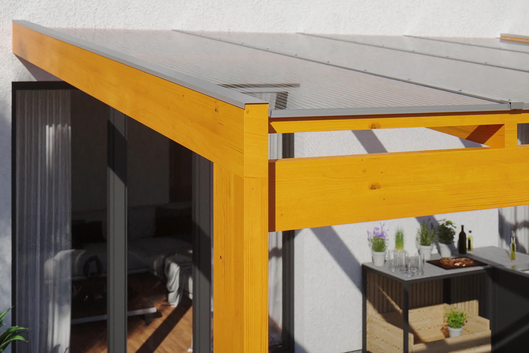 Detailbild einer Terrassenüberdachung Novara farblich behandelt farblich behandelt in eiche hell mit Blick seitlich auf das Dach