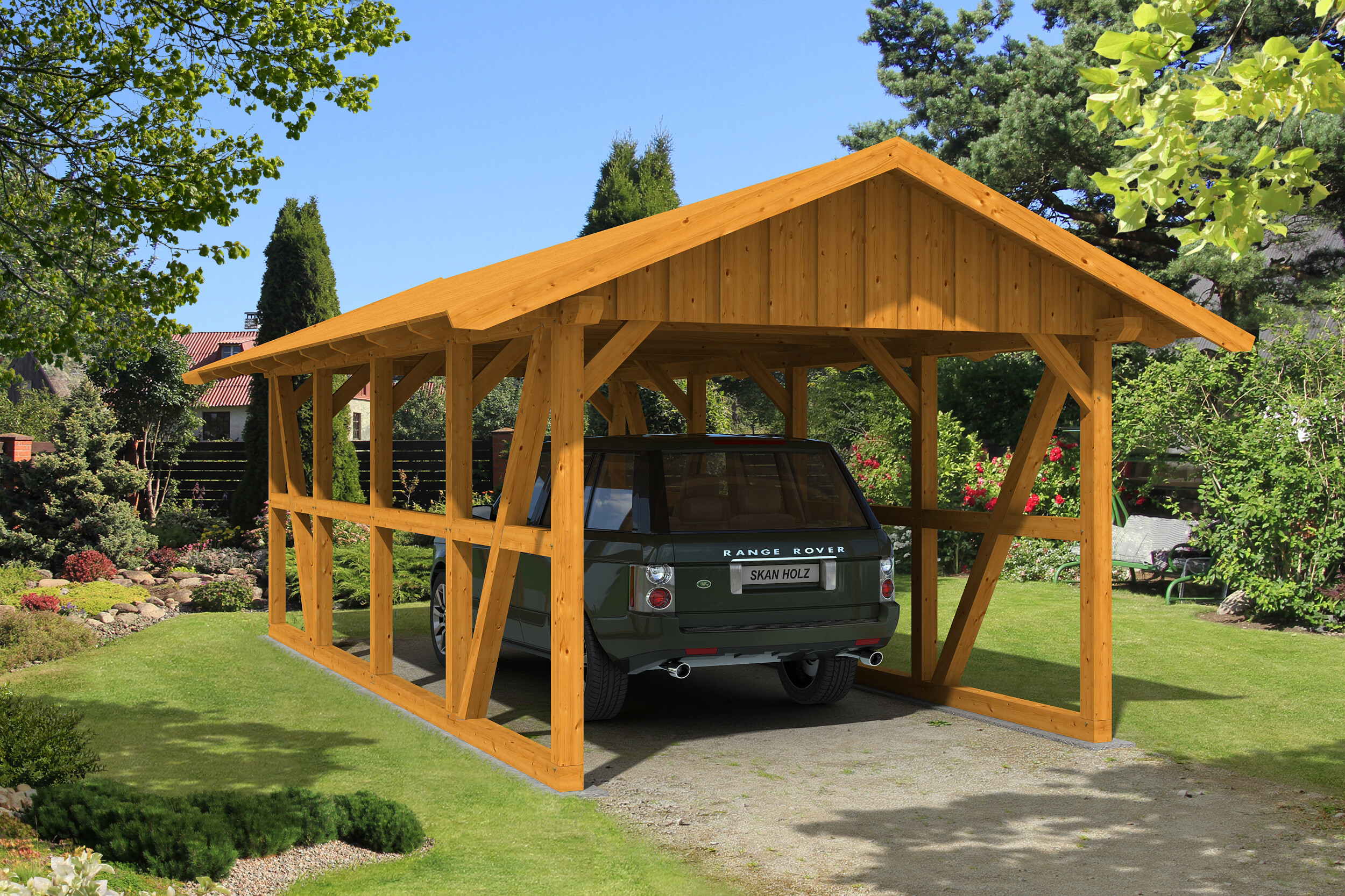 Carport Schwarzwald 424 x 772 cm, eiche hell, mit Dachschalung